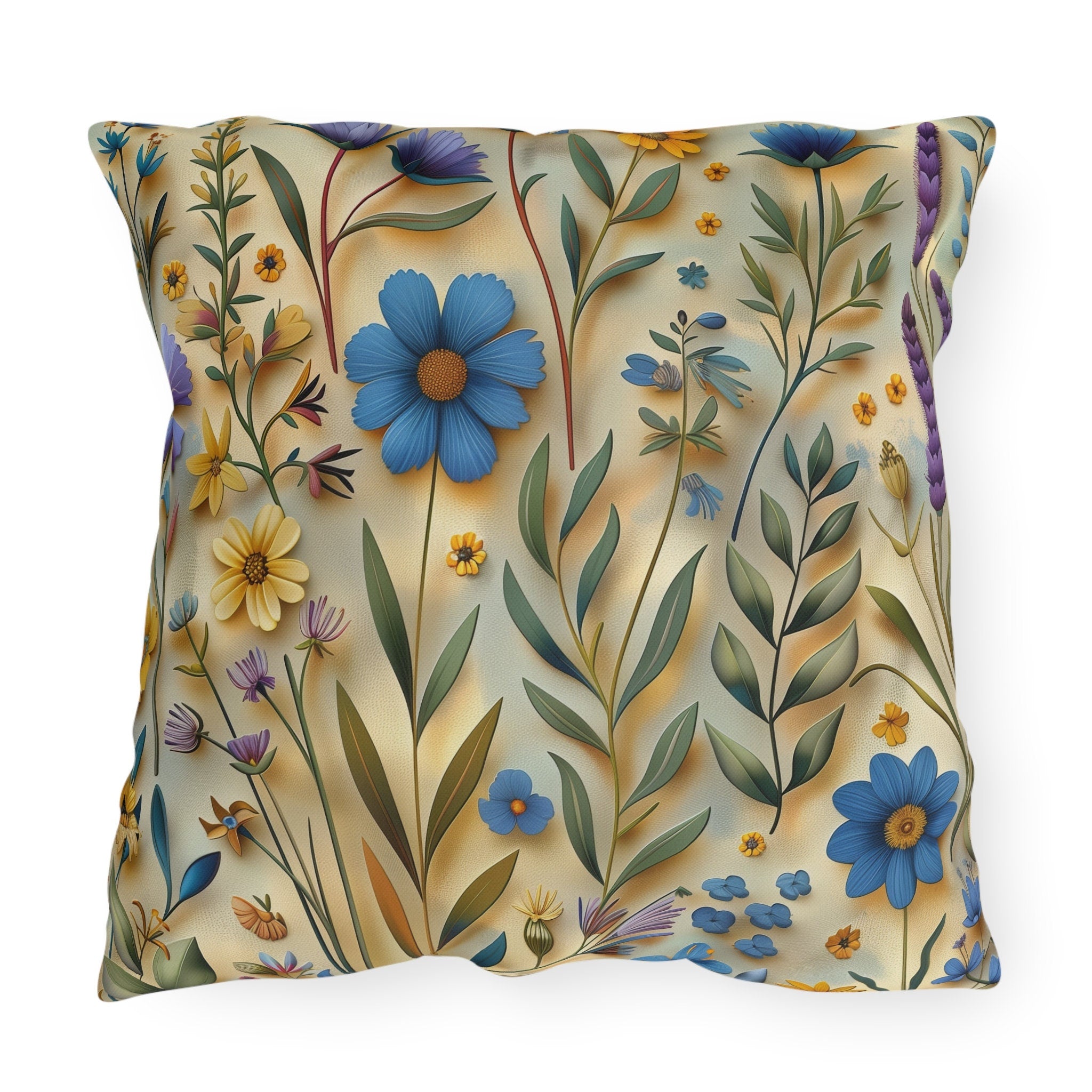Cottagecore Wildflower Outdoor Pillow: Blue, Yellow, Green Floral Cushion