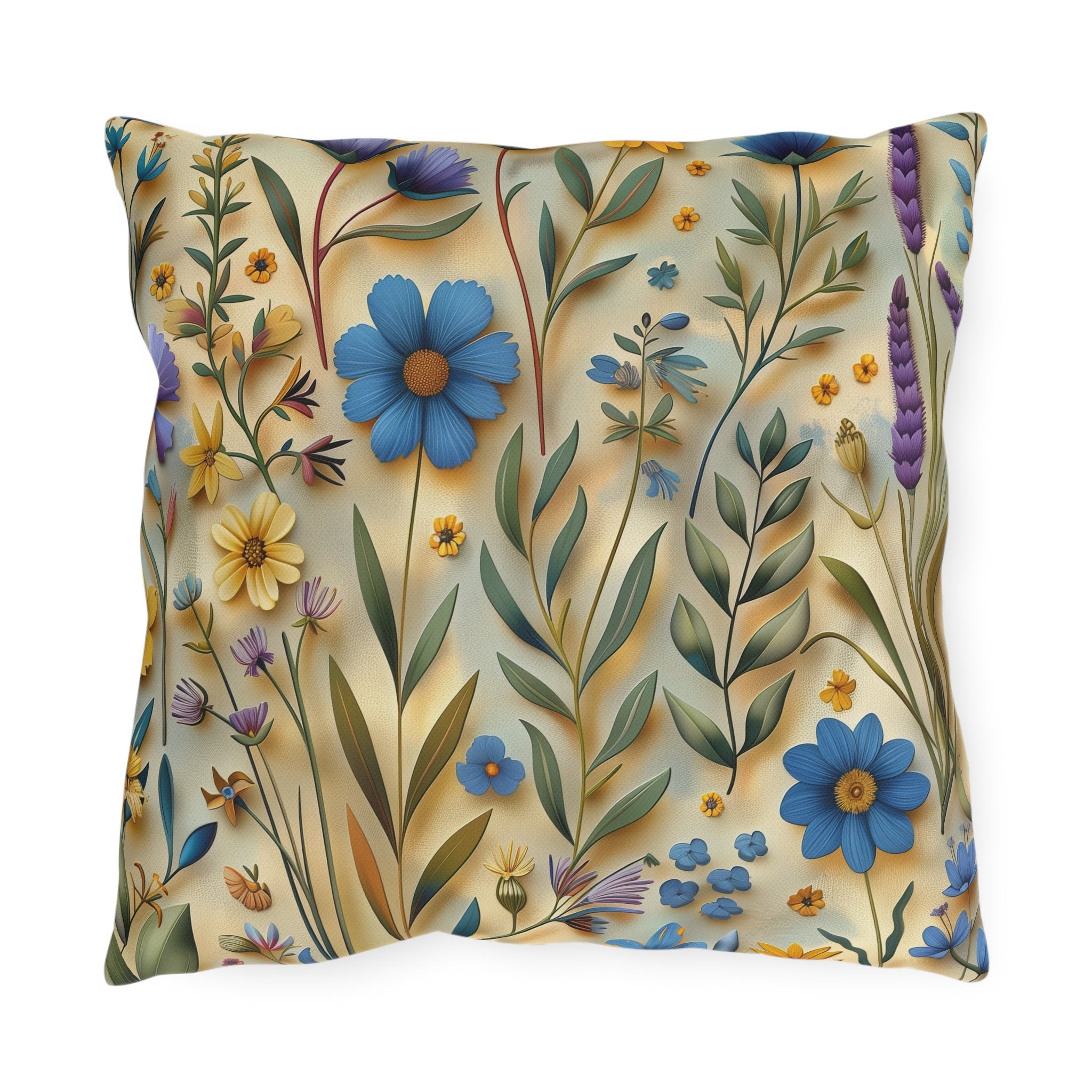 Cottagecore Wildflower Outdoor Pillow: Blue, Yellow, Green Floral Cushion