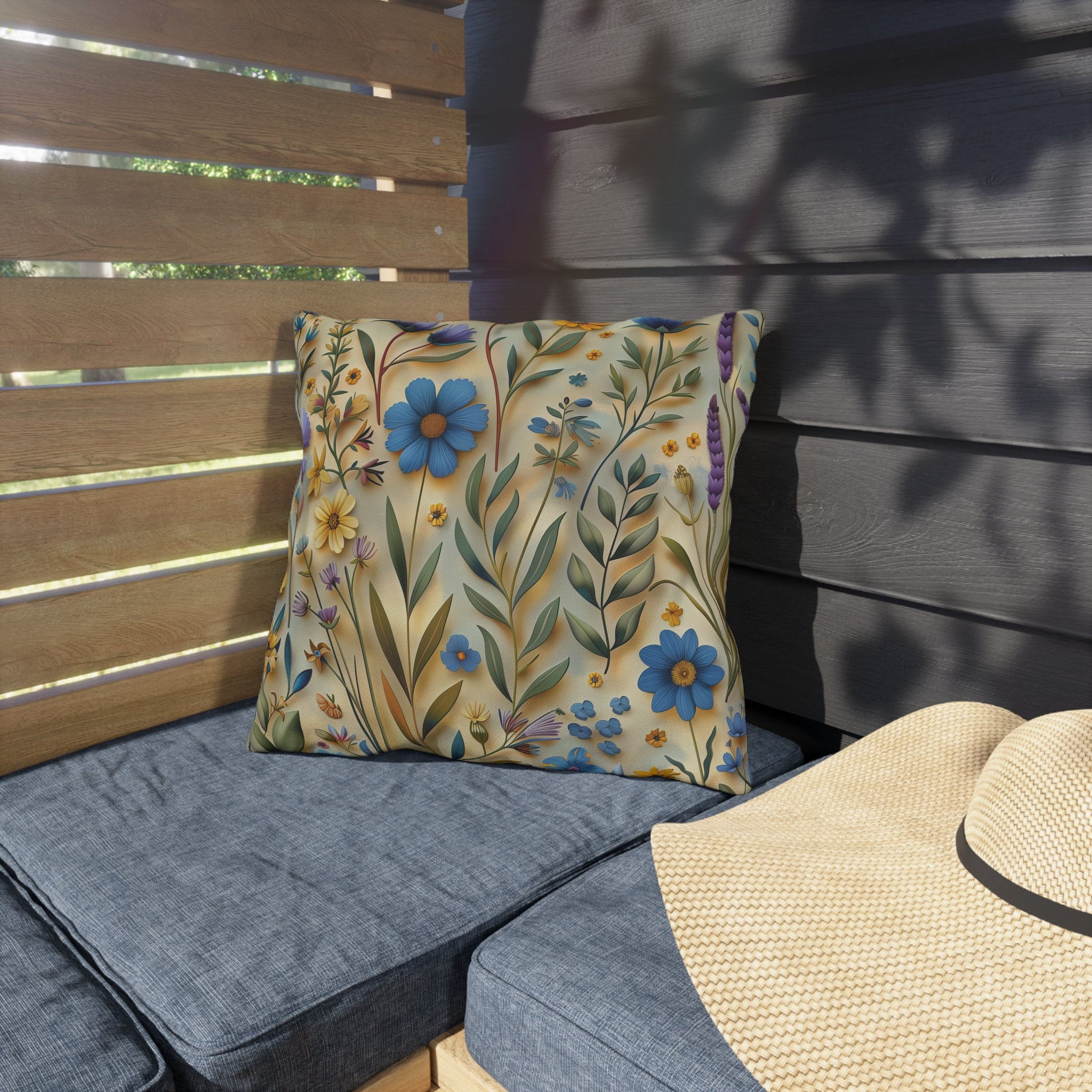 Cottagecore Wildflower Outdoor Pillow: Blue, Yellow, Green Floral Cushion