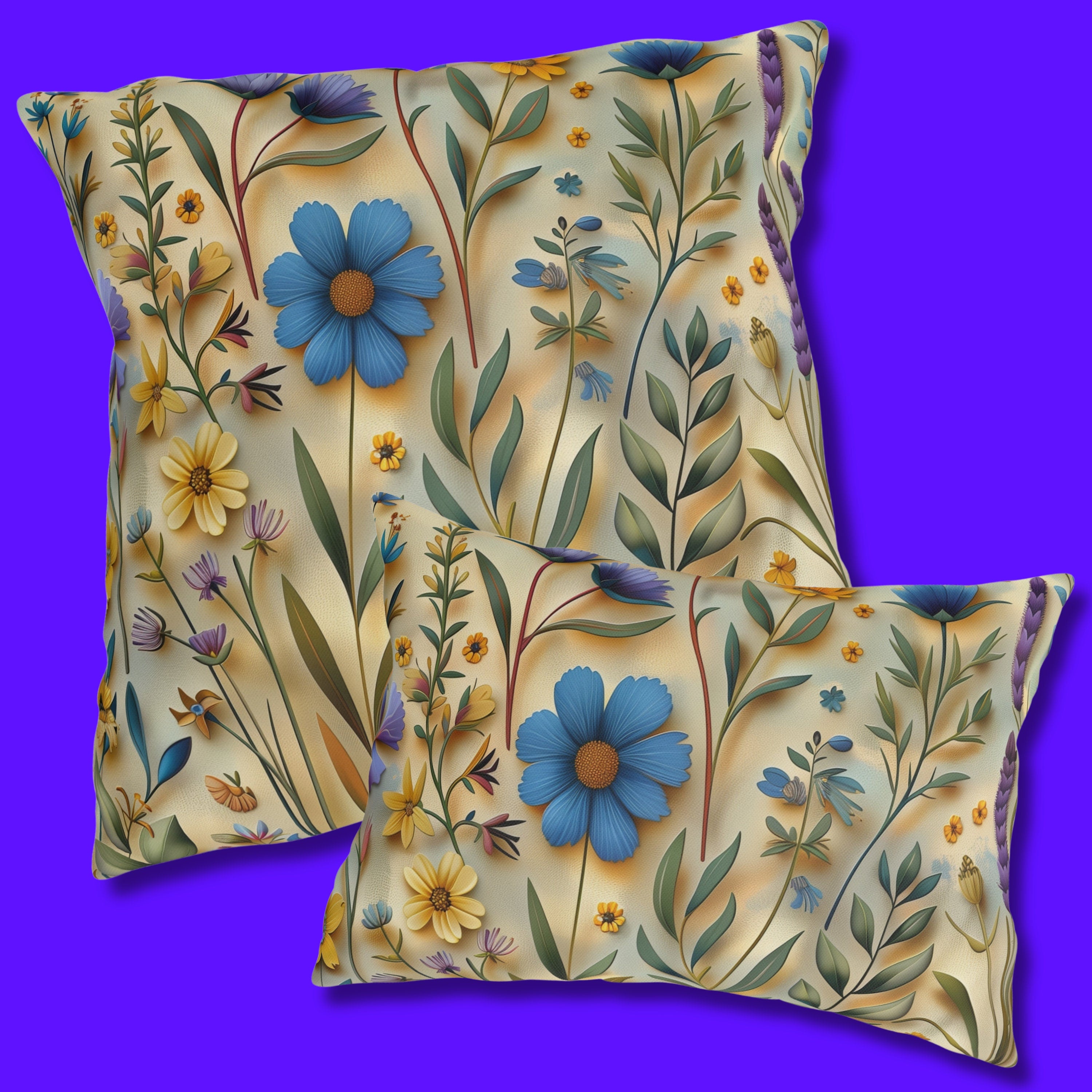 Cottagecore Wildflower Outdoor Pillow: Blue, Yellow, Green Floral Cushion
