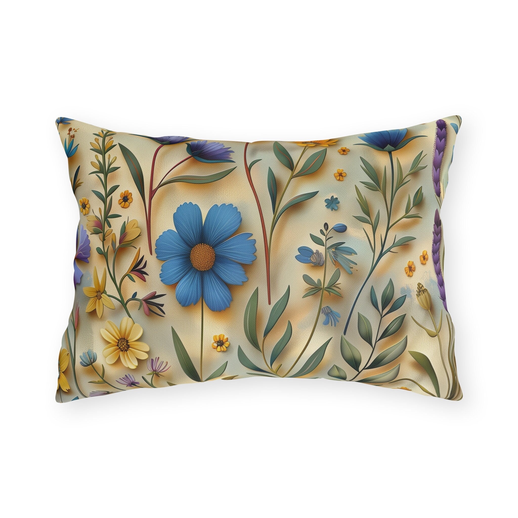 Cottagecore Wildflower Outdoor Pillow: Blue, Yellow, Green Floral Cushion