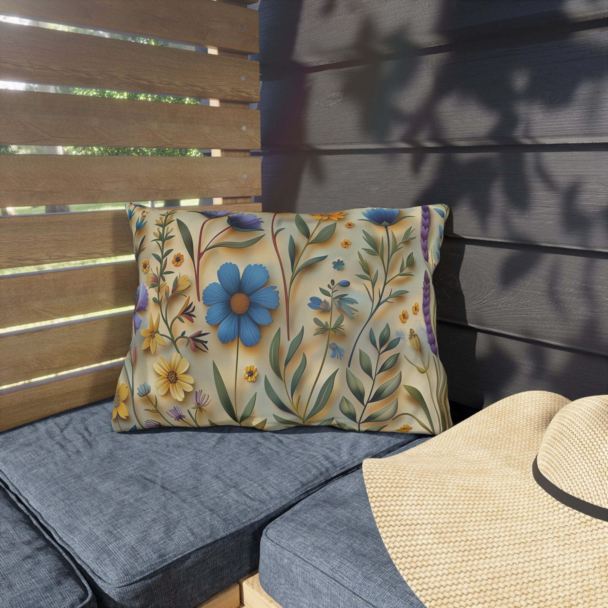 Cottagecore Wildflower Outdoor Pillow: Blue, Yellow, Green Floral Cushion