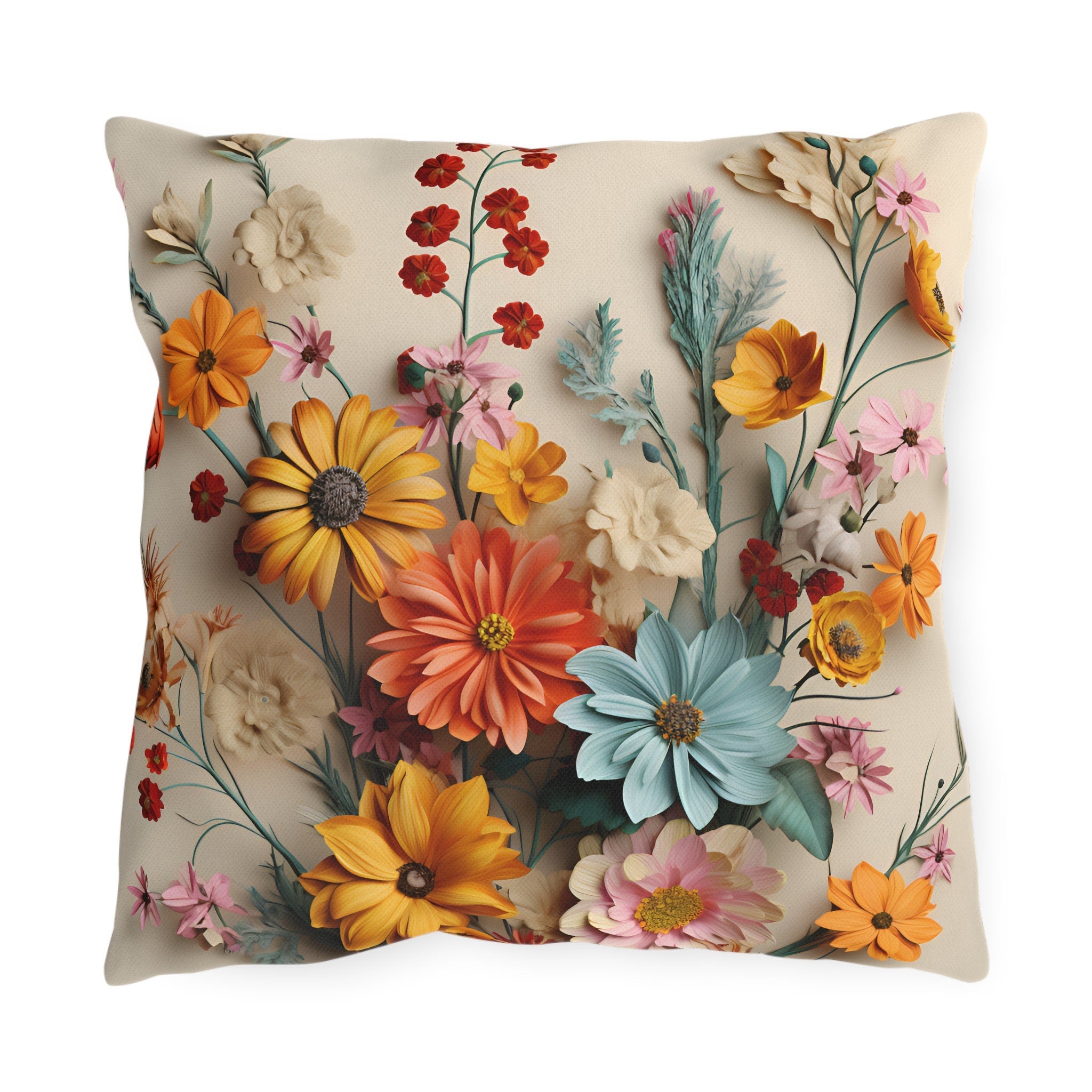 Vintage Style Wildflower Outdoor Pillow: Colorful Floral Bouquet, Water Resistant