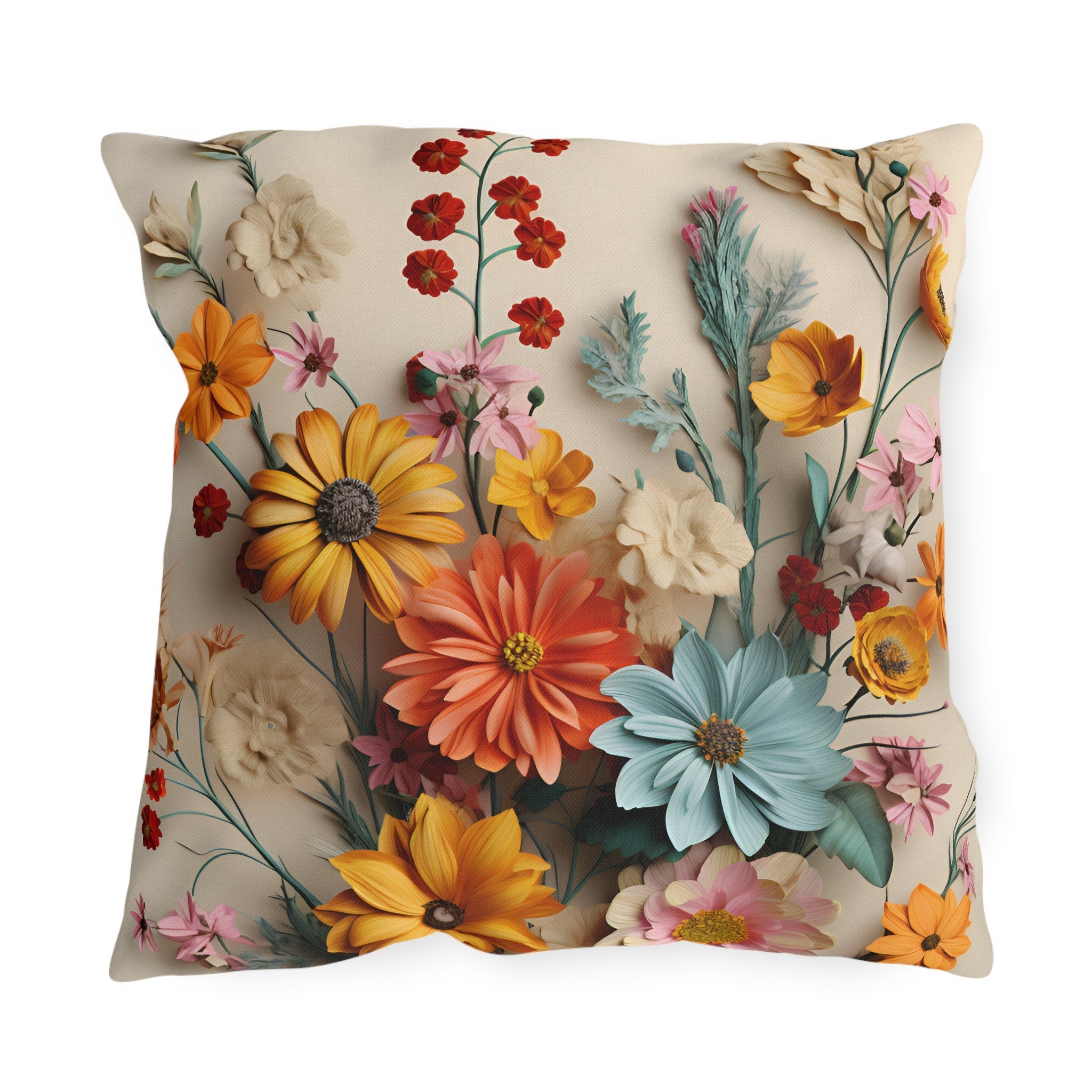 Vintage Style Wildflower Outdoor Pillow: Colorful Floral Bouquet, Water Resistant