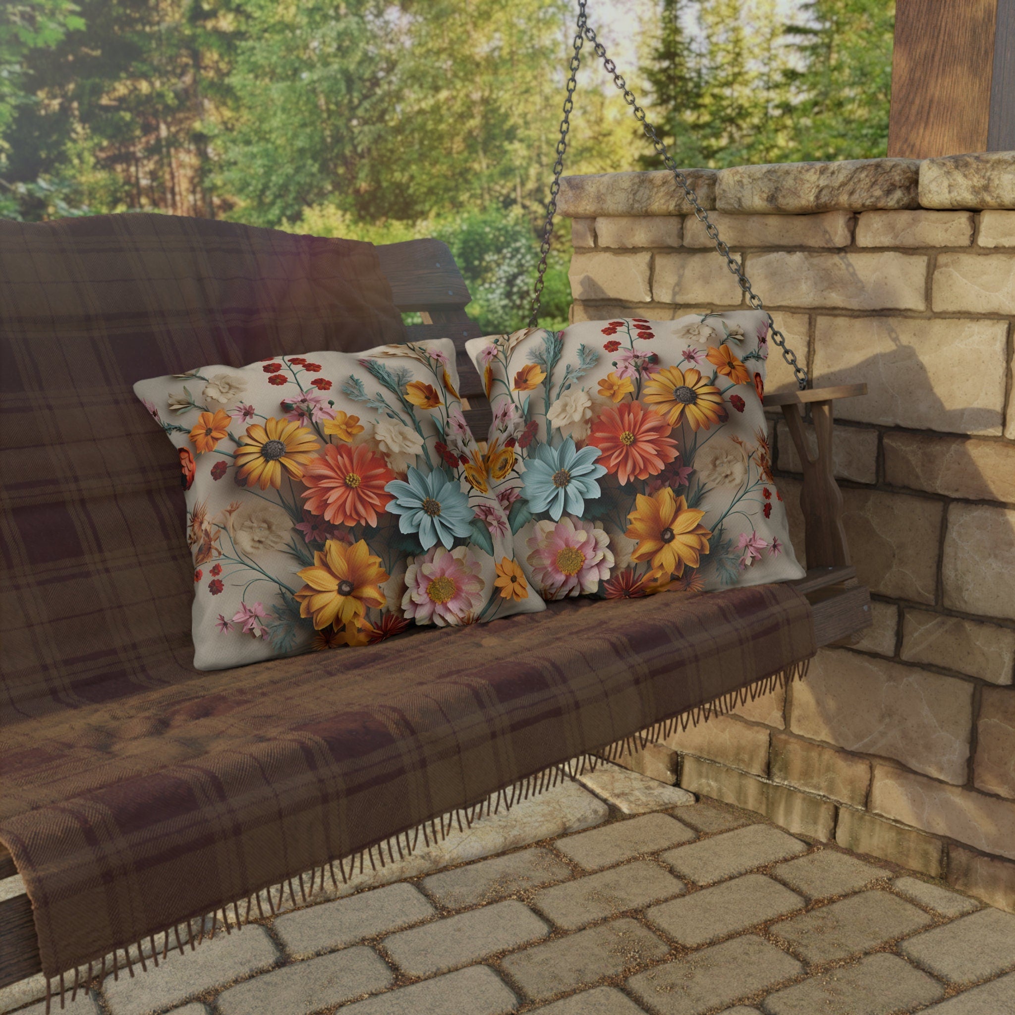 Vintage Style Wildflower Outdoor Pillow: Colorful Floral Bouquet, Water Resistant