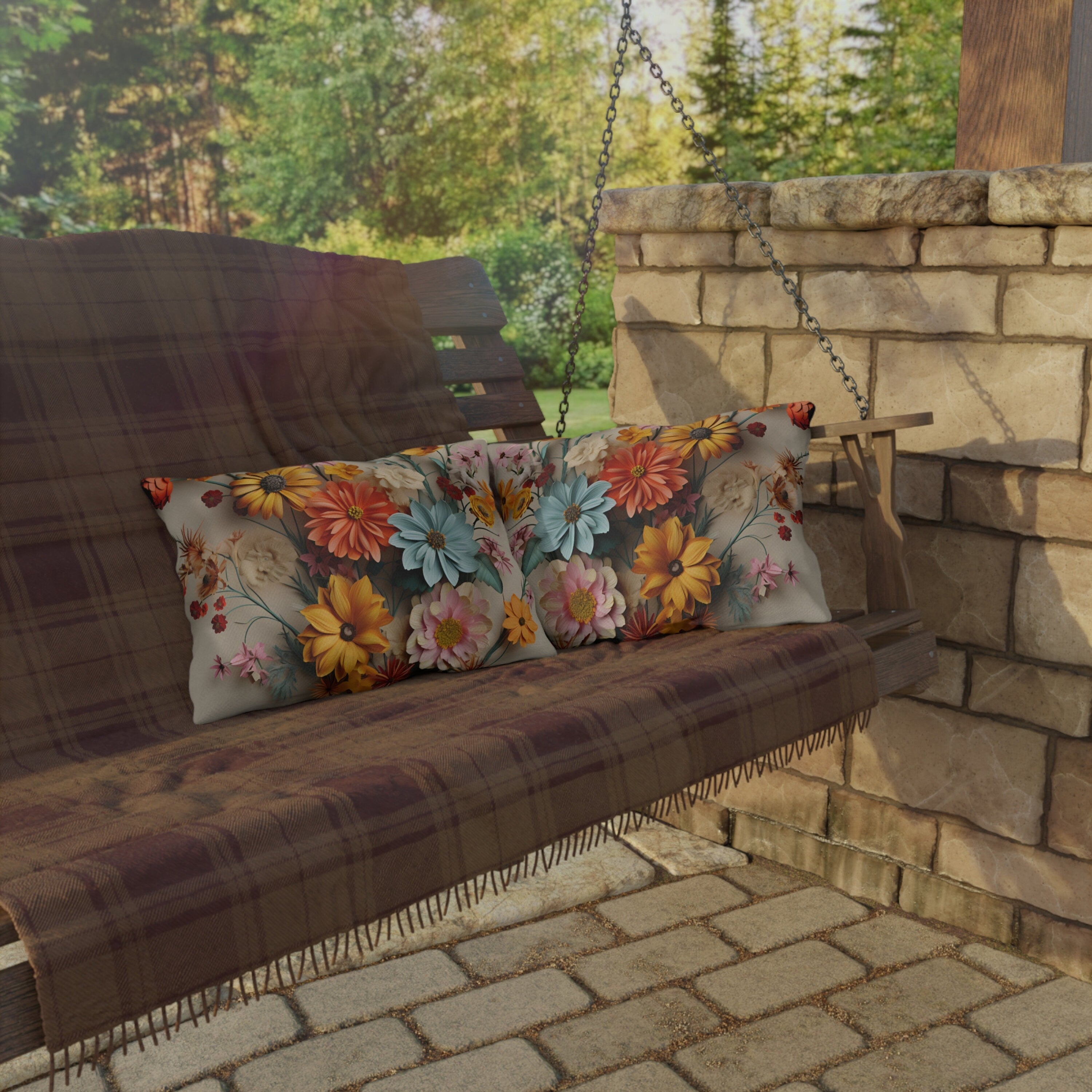 Vintage Style Wildflower Outdoor Pillow: Colorful Floral Bouquet, Water Resistant