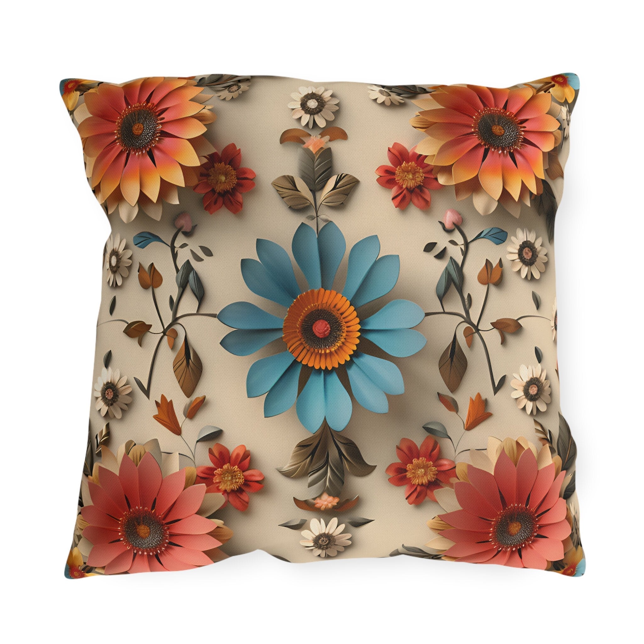 Blue Daisy Floral Outdoor Pillow: Boho Garden Cushion