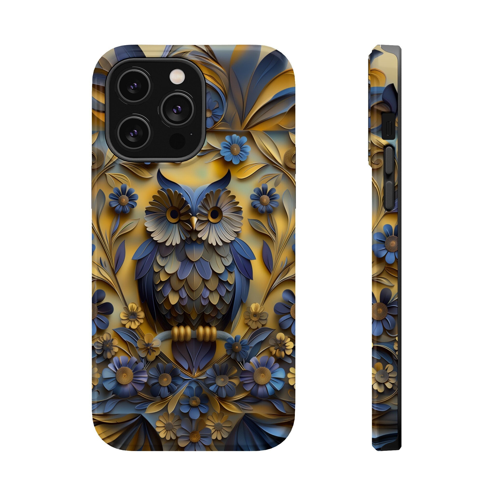 Artistic Owl iPhone MagSafe Case: Blue & Yellow Floral Design