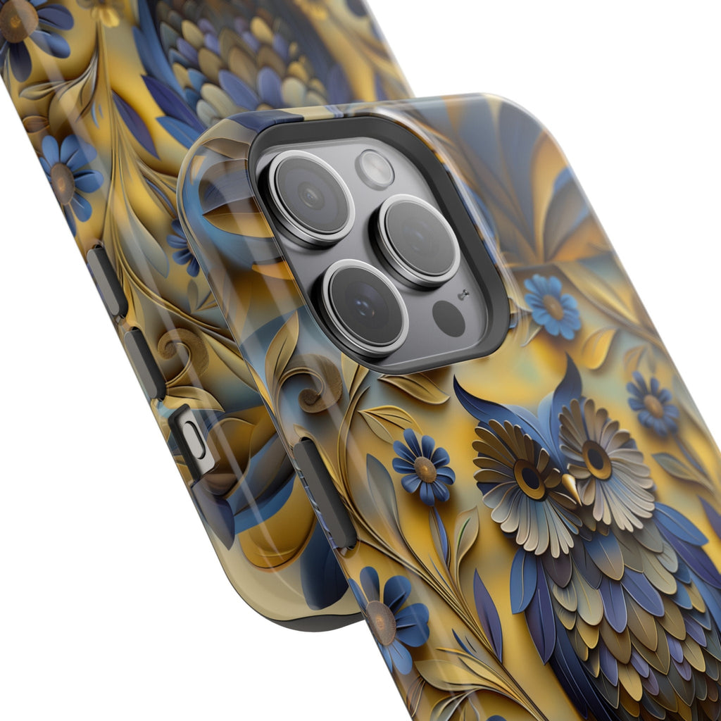 Artistic Owl iPhone MagSafe Case: Blue & Yellow Floral Design
