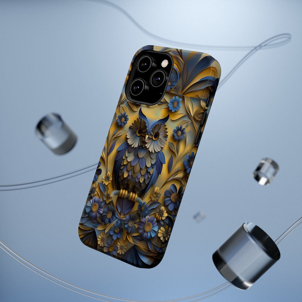 Artistic Owl iPhone MagSafe Case: Blue & Yellow Floral Design