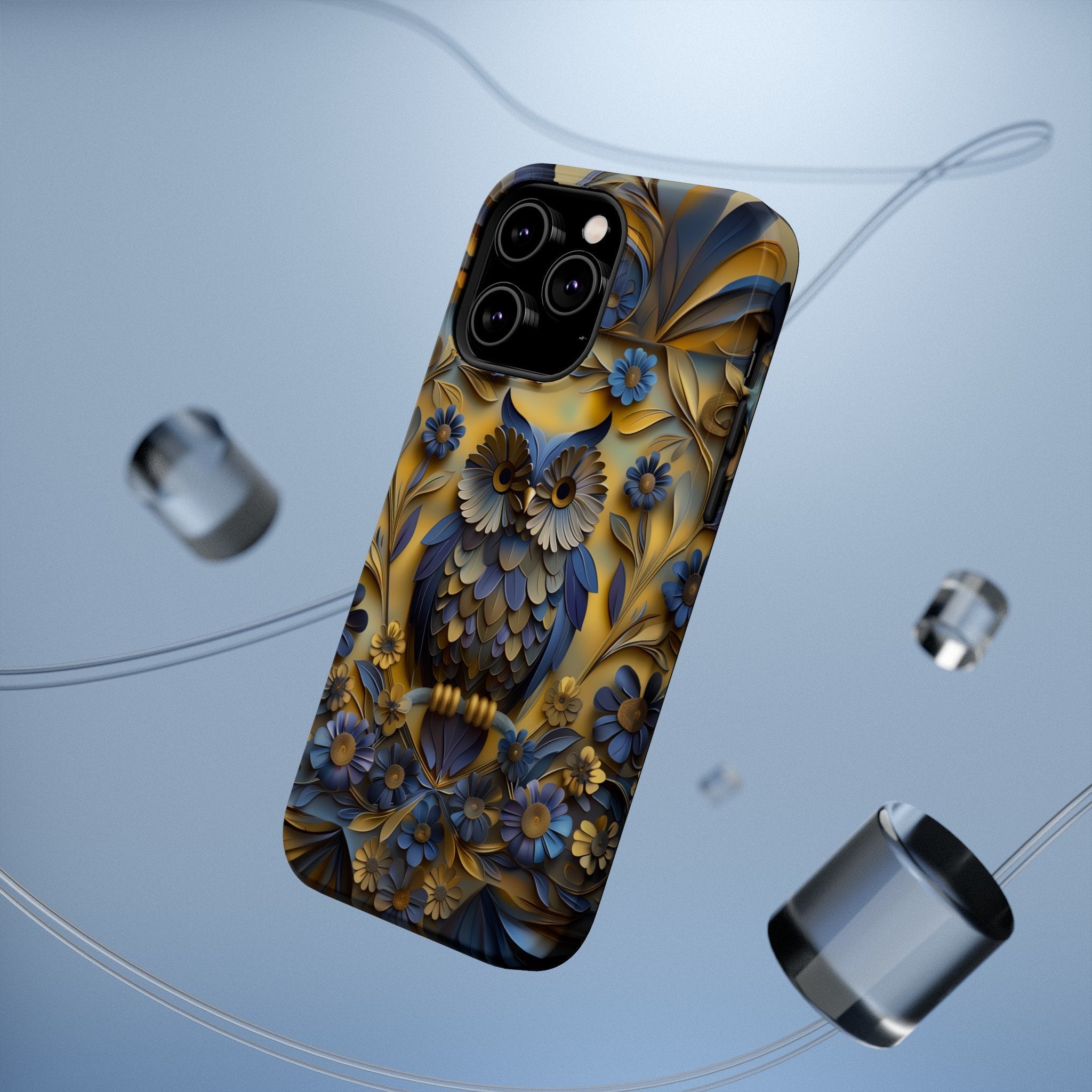 Artistic Owl iPhone MagSafe Case: Blue & Yellow Floral Design