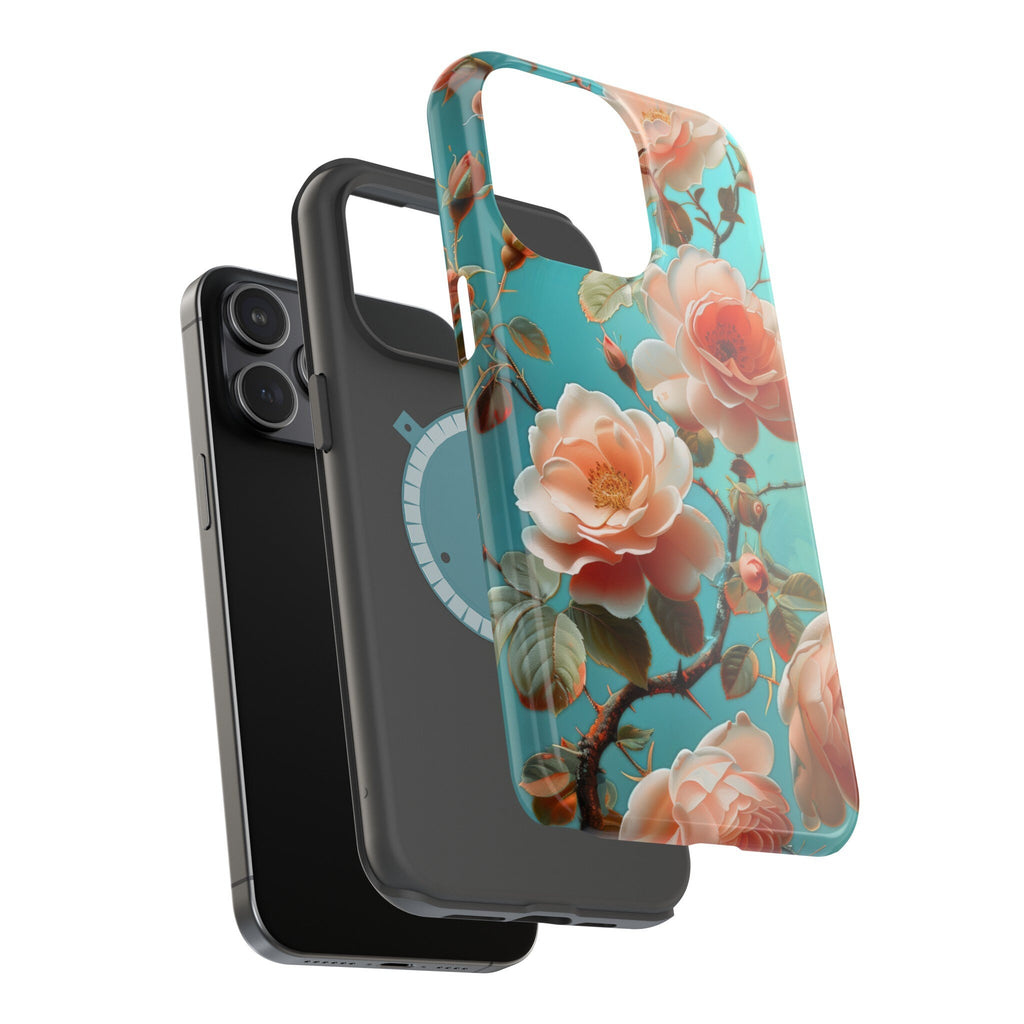 Teal Peach Roses iPhone MagSafe Case, Elegant Floral Tough Case
