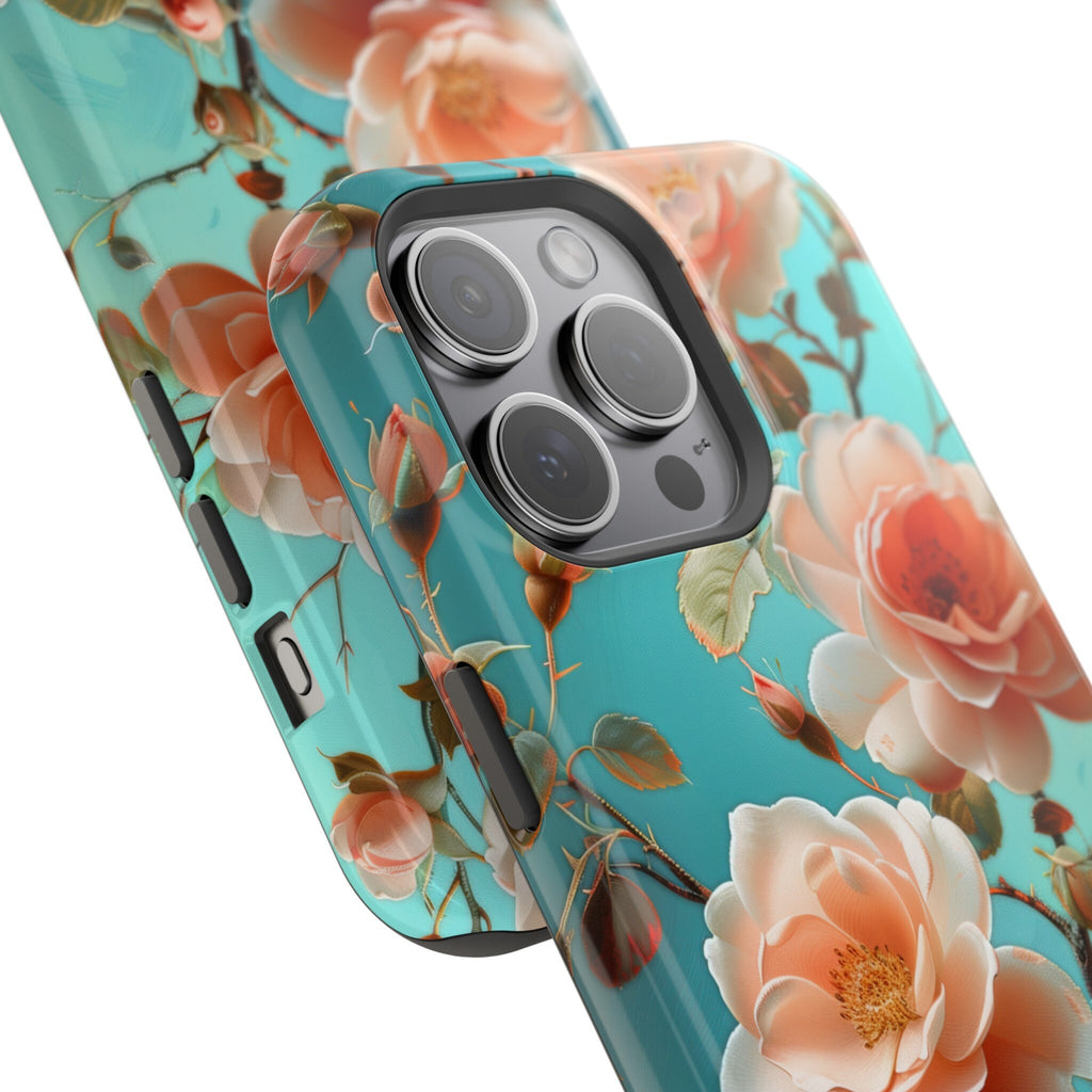 Teal Peach Roses iPhone MagSafe Case, Elegant Floral Tough Case