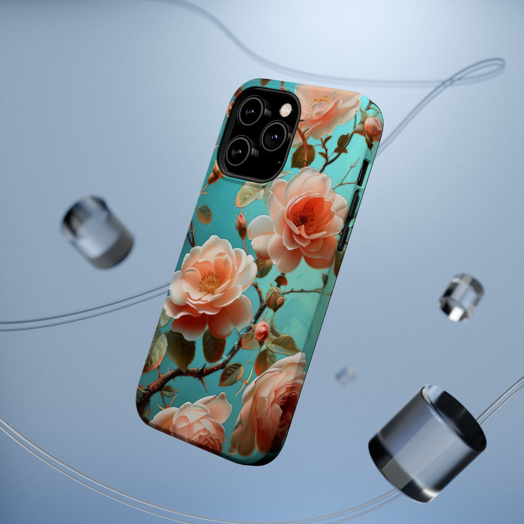 Teal Peach Roses iPhone MagSafe Case, Elegant Floral Tough Case