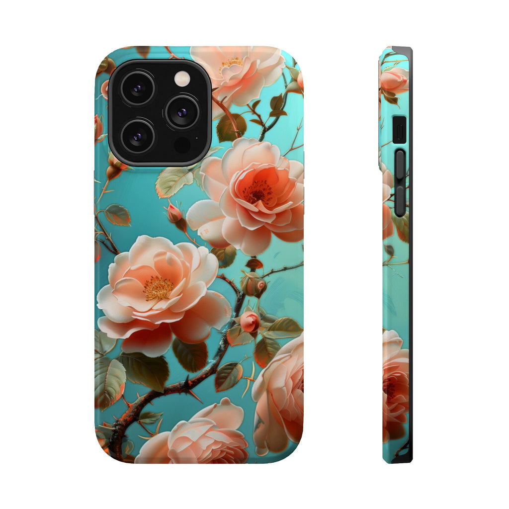 Teal Peach Roses iPhone MagSafe Case, Elegant Floral Tough Case