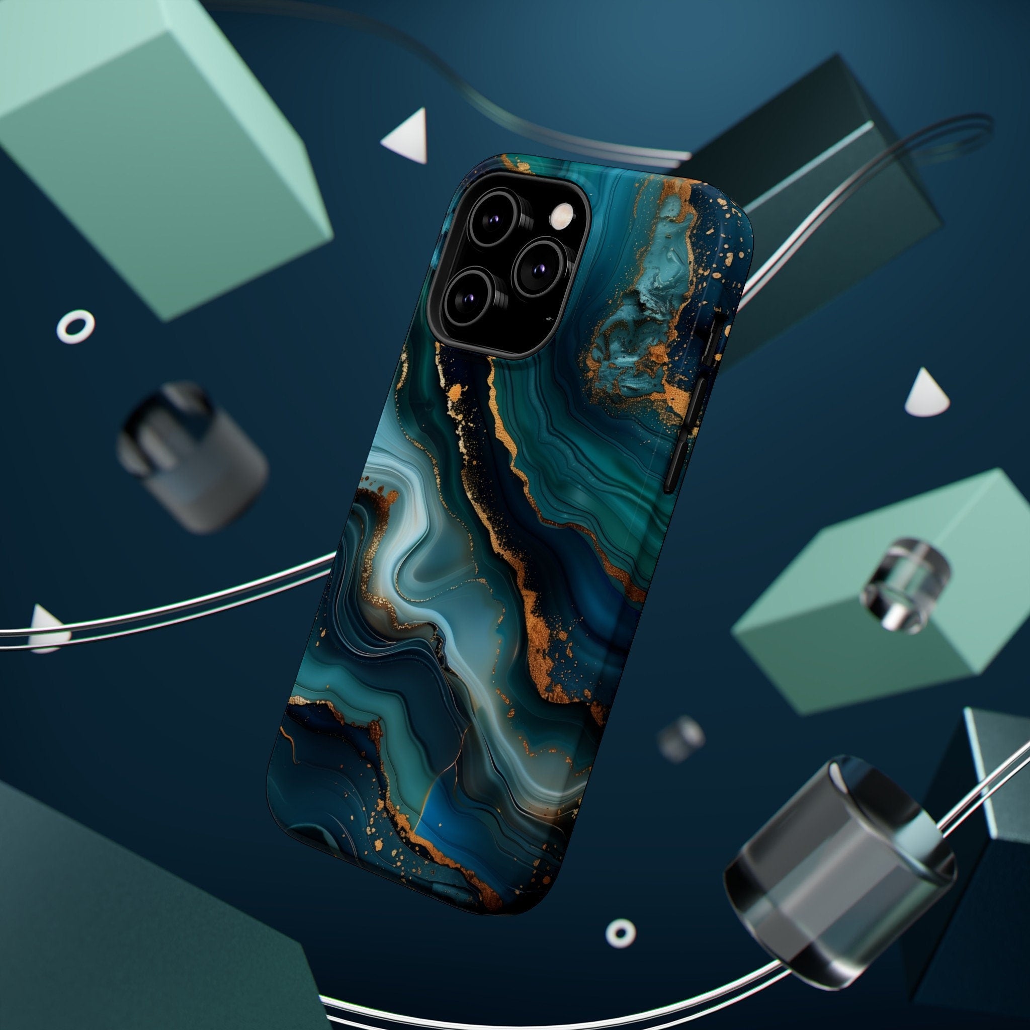 Teal Ocean Waves iPhone MagSafe Case: Blue & Gold Accents