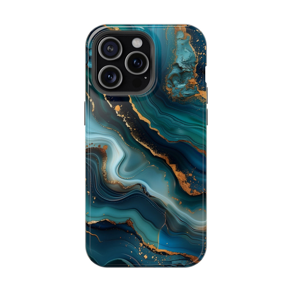 Teal Ocean Waves iPhone MagSafe Case: Blue & Gold Accents