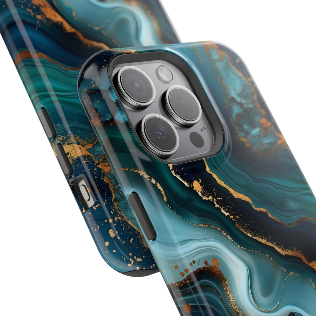 Teal Ocean Waves iPhone MagSafe Case: Blue & Gold Accents