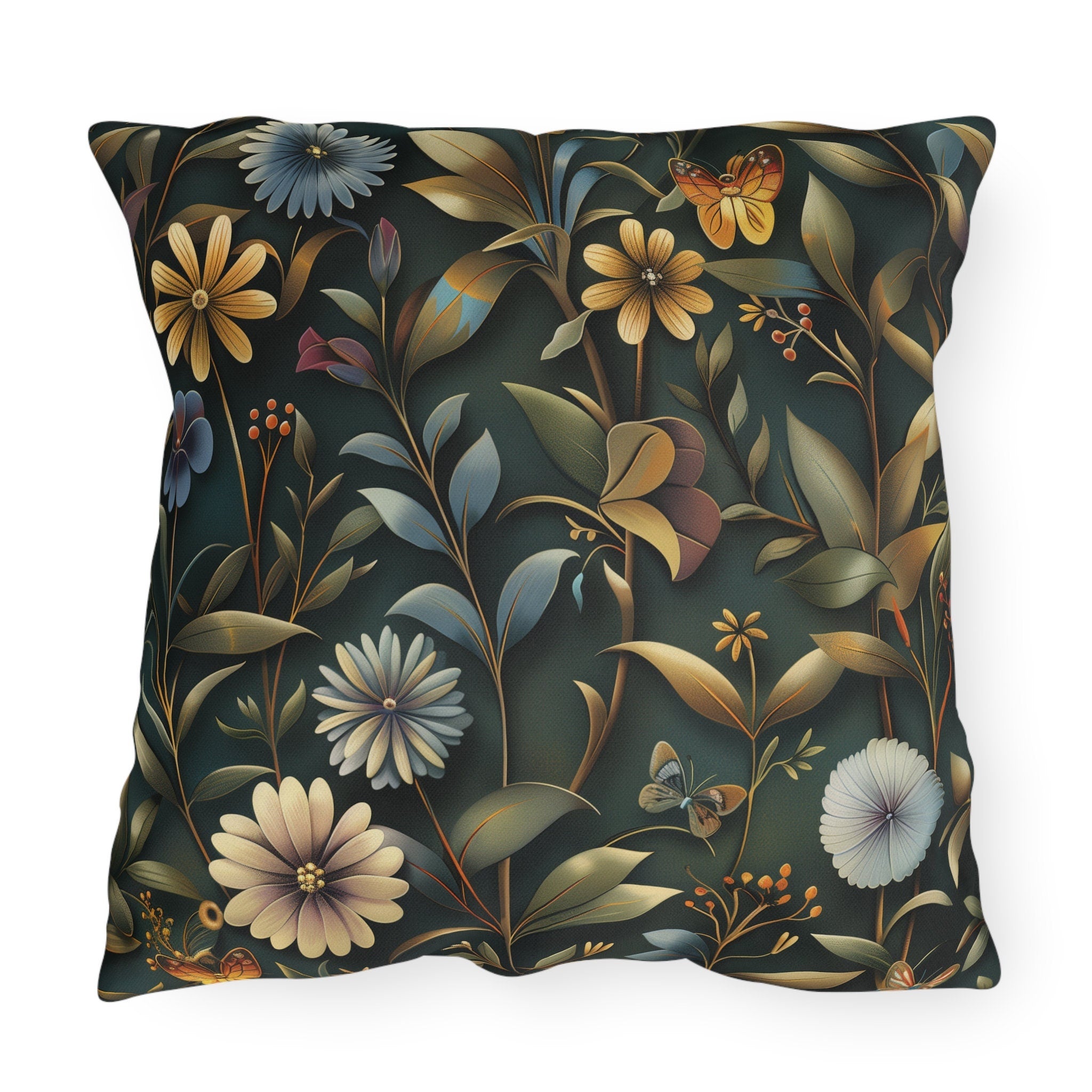 William Morris Inspired Outdoor Pillow: Dark Earthy Botanical Garden Decor