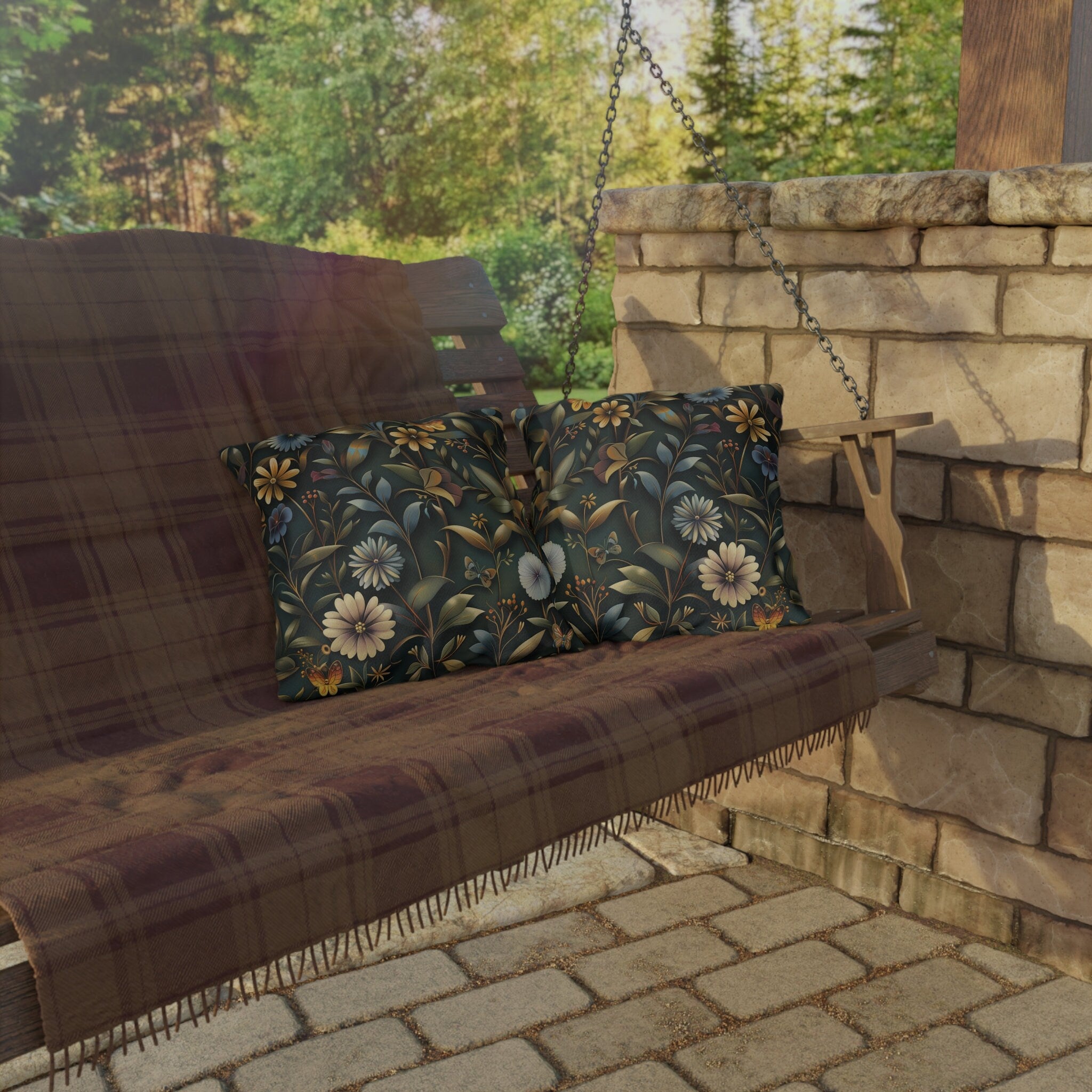 William Morris Inspired Outdoor Pillow: Dark Earthy Botanical Garden Decor