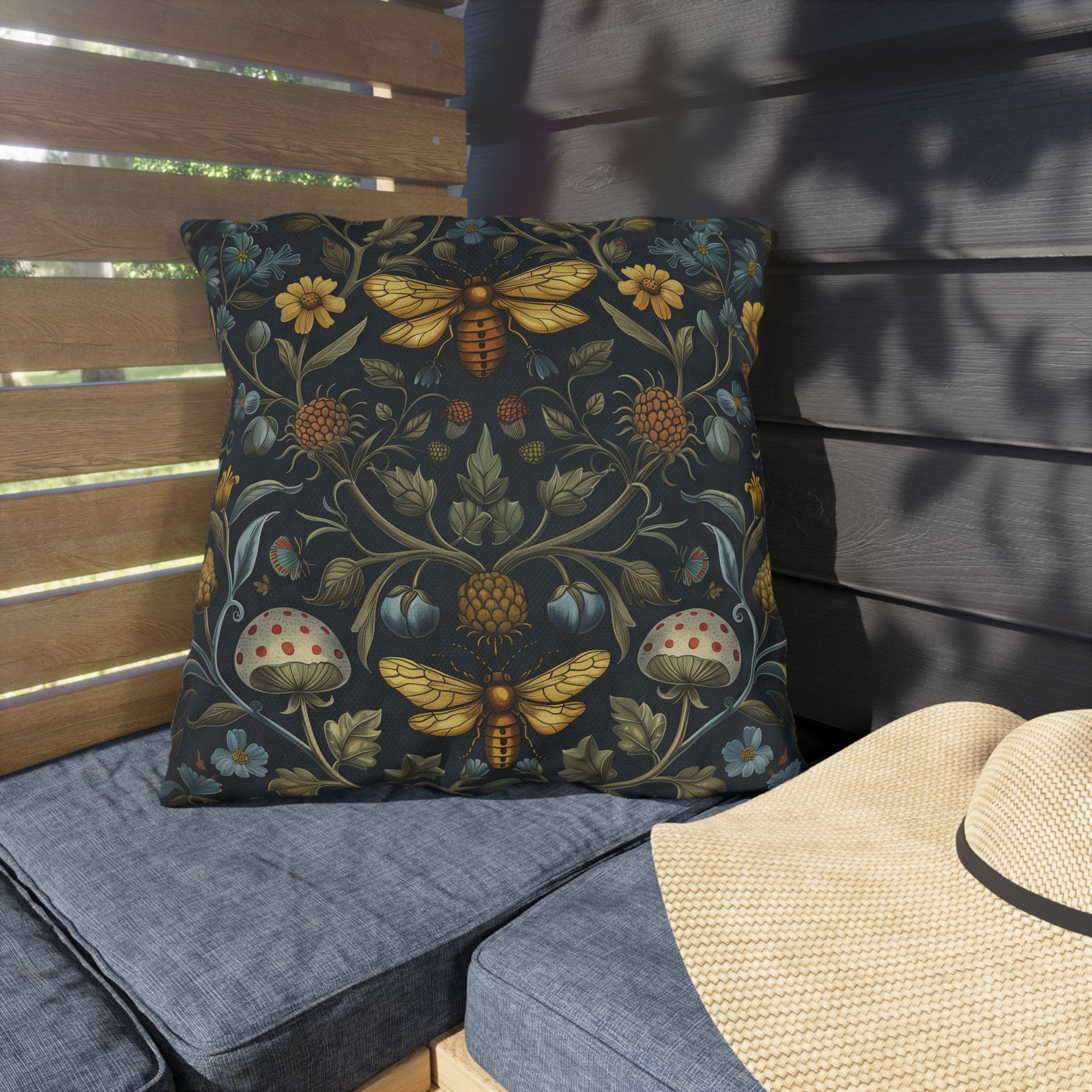William Morris Inspired Outdoor Pillow: Botanical Bee Garden Decor