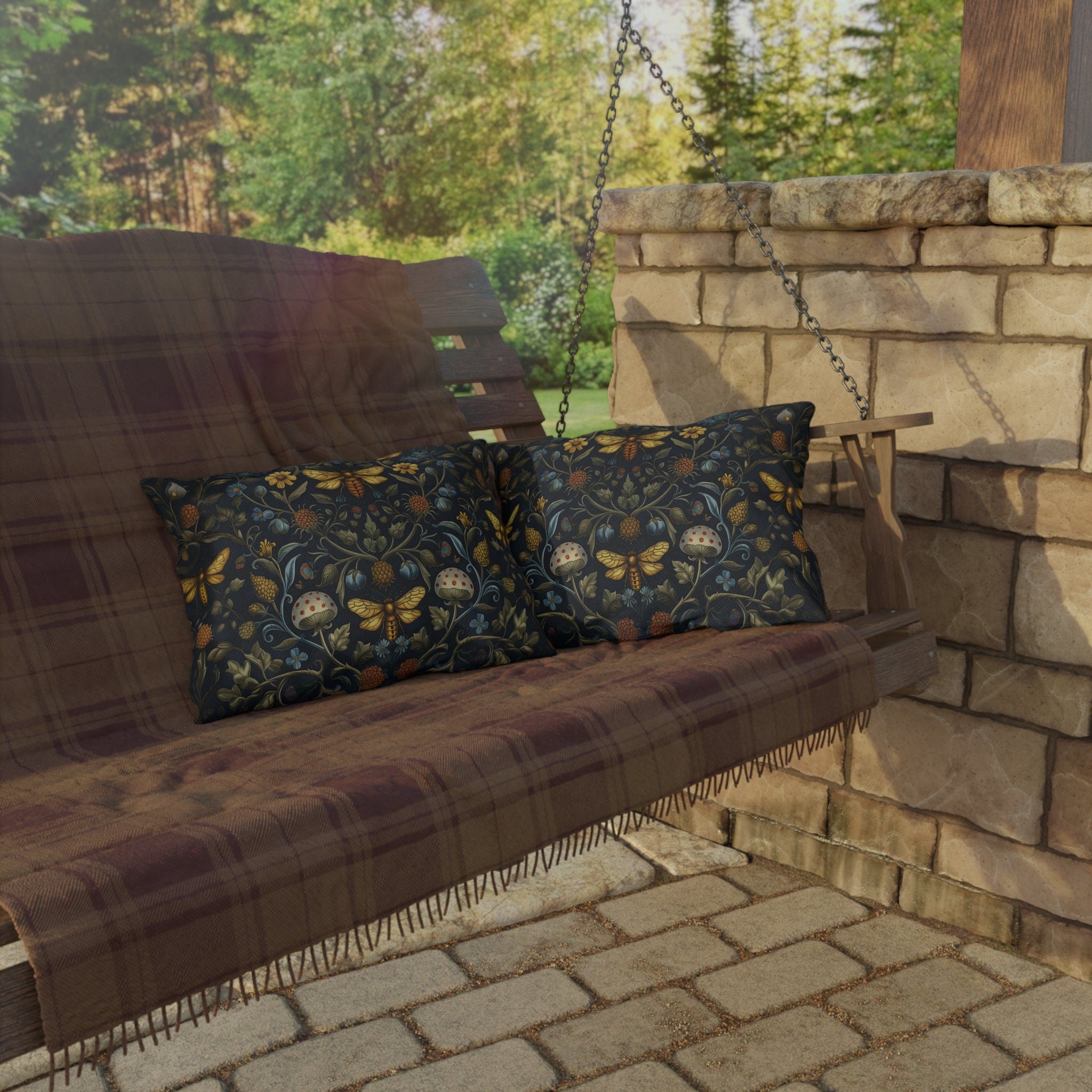 William Morris Inspired Outdoor Pillow: Dark Earthy Botanical Garden Decor