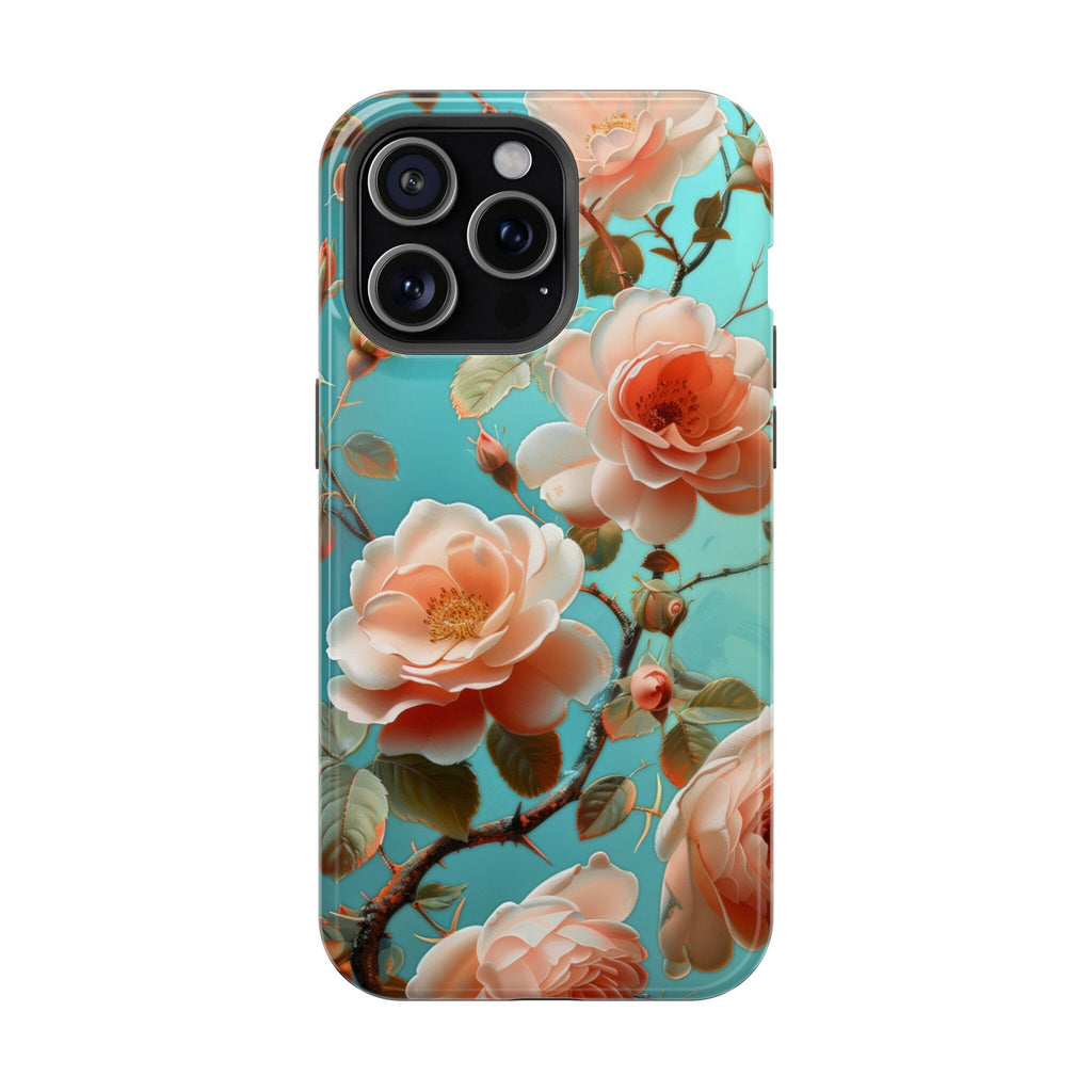 Teal Peach Roses iPhone MagSafe Case, Elegant Floral Tough Case