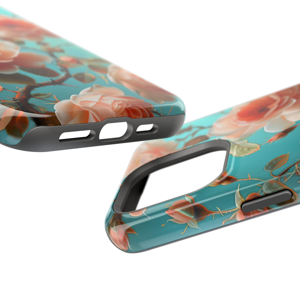Teal Peach Roses iPhone MagSafe Case, Elegant Floral Tough Case