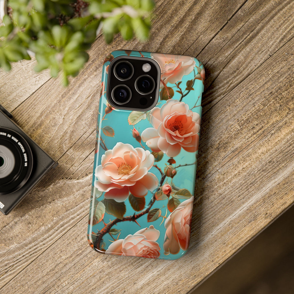 Teal Peach Roses iPhone MagSafe Case, Elegant Floral Tough Case