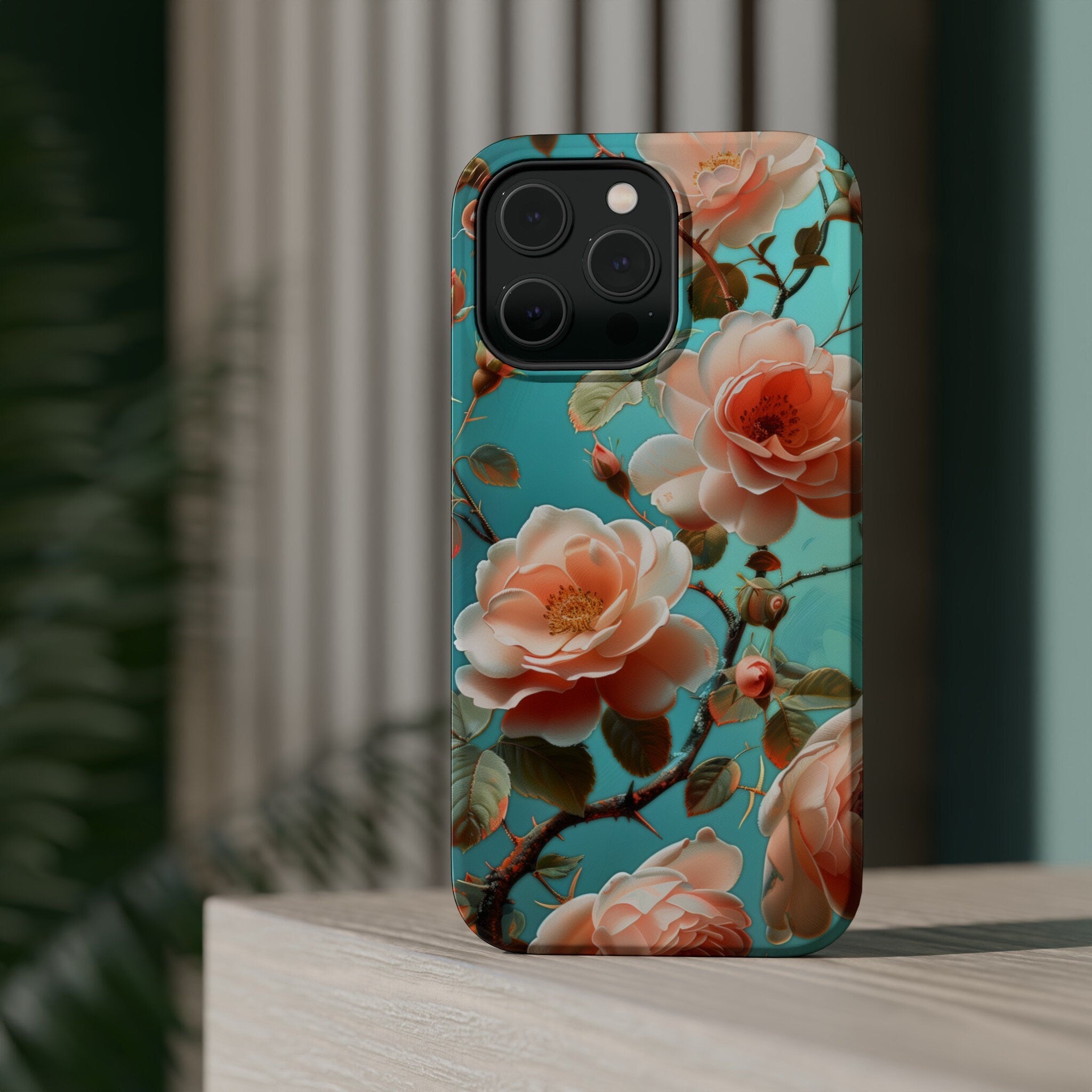 Teal Peach Roses iPhone MagSafe Case, Elegant Floral Tough Case