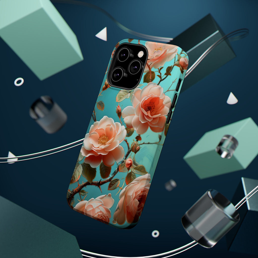 Teal Peach Roses iPhone MagSafe Case, Elegant Floral Tough Case