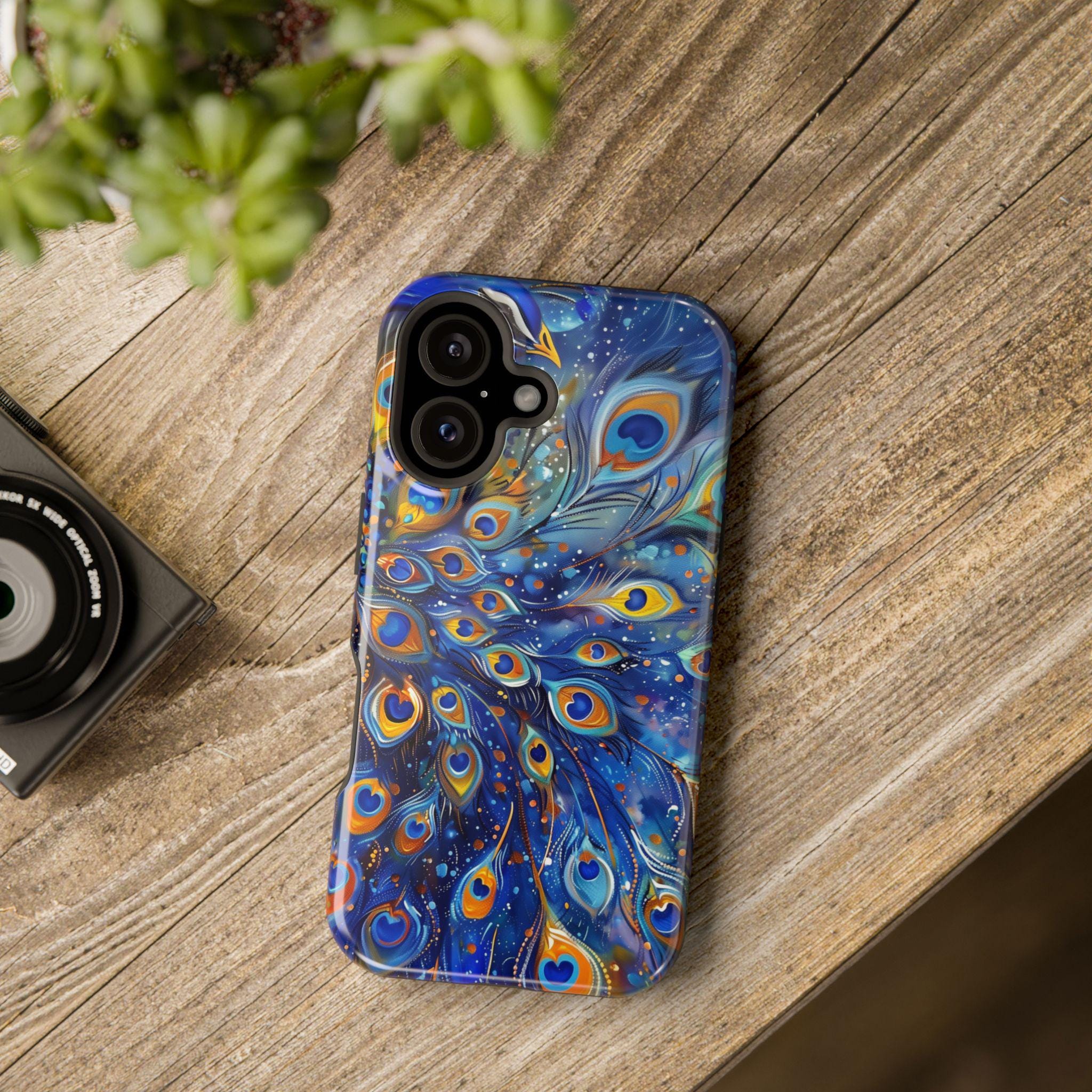 Peacock Feather iPhone Magsafe Tough Case Vibrant Deep Blue Design for iphone 16, 15, 14 & 13  (Pro, Plus, Pro Max) Gift for Her Mom Gift