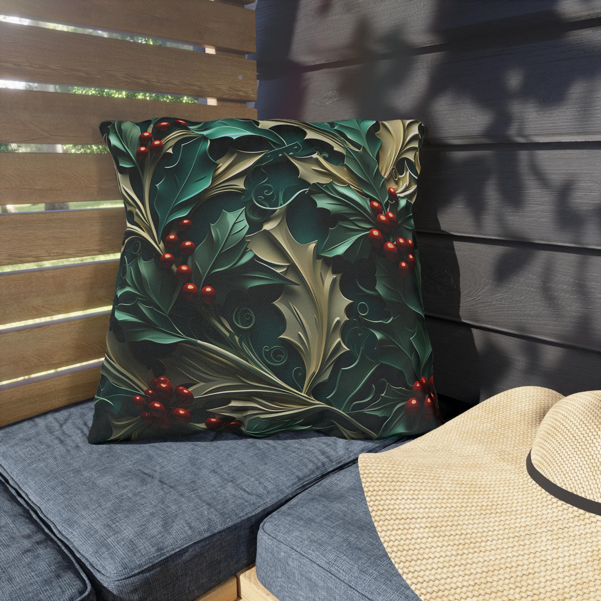 Elegant Winter Holly Berry Outdoor Pillow: Swirling Leaves on Emerald Green Cream Background