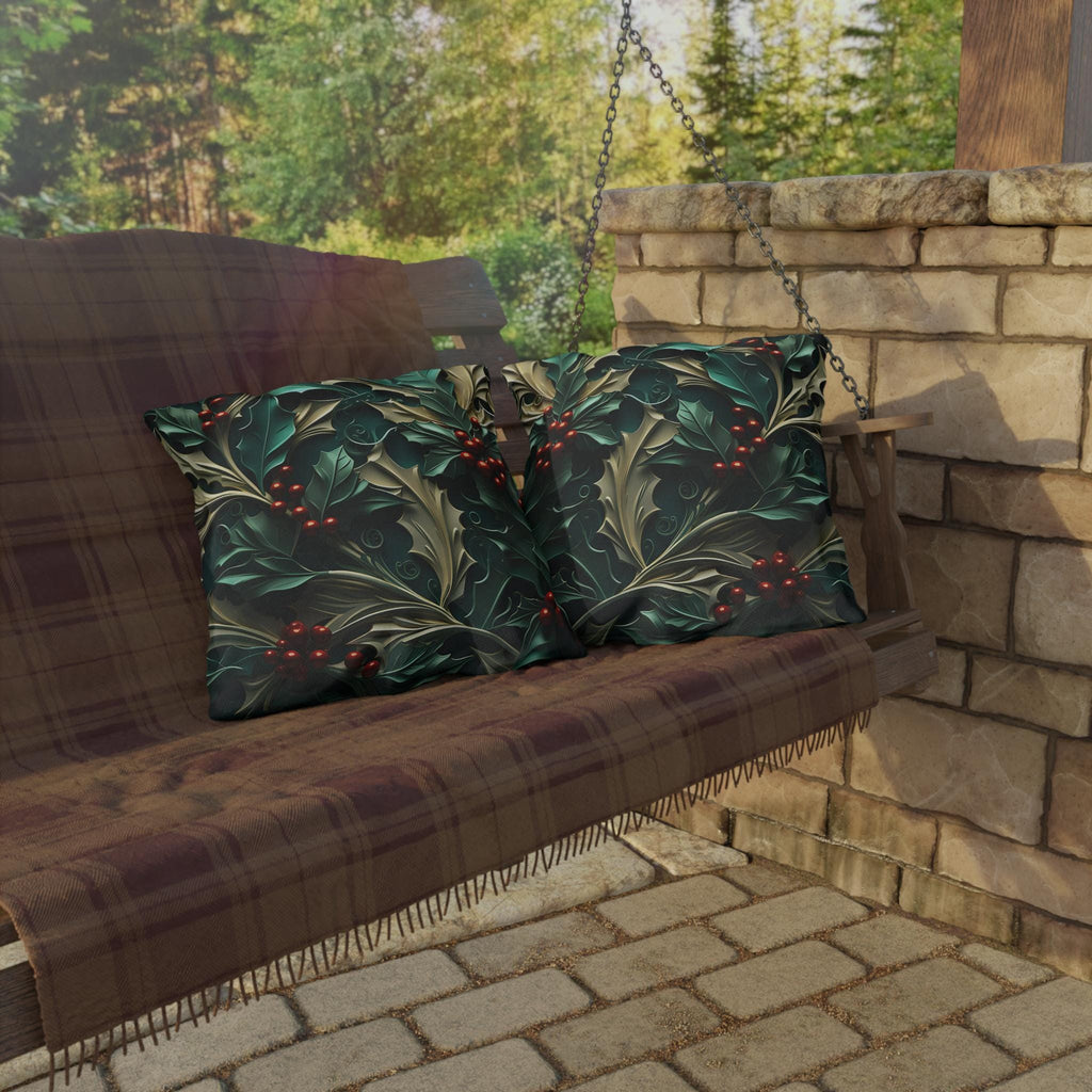 Elegant Winter Holly Berry Outdoor Pillow: Swirling Leaves on Emerald Green Cream Background