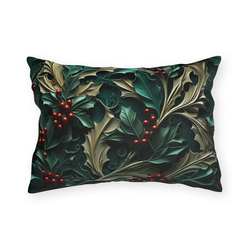 Elegant Winter Holly Berry Outdoor Pillow: Swirling Leaves on Emerald Green Cream Background