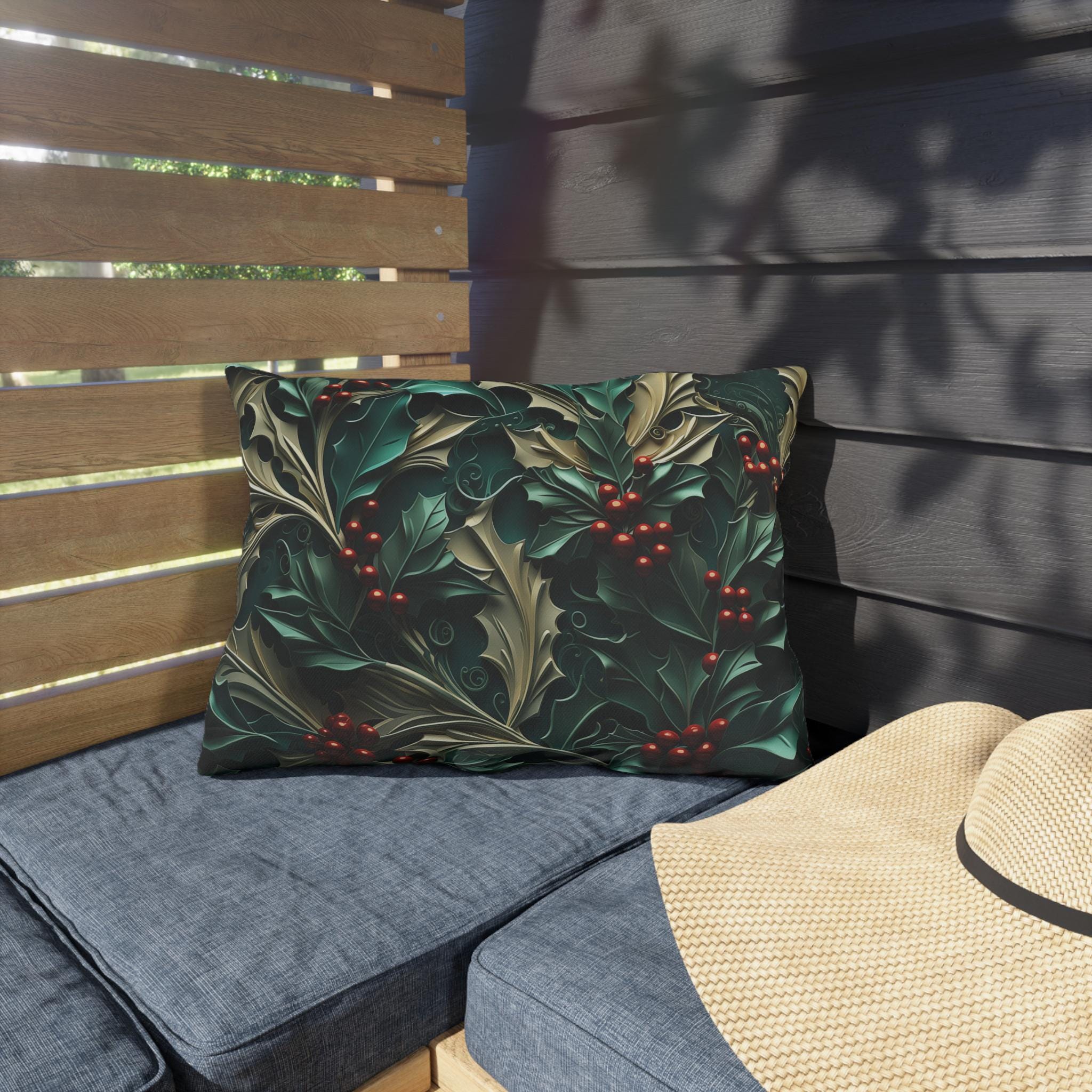 Elegant Winter Holly Berry Outdoor Pillow: Swirling Leaves on Emerald Green Cream Background