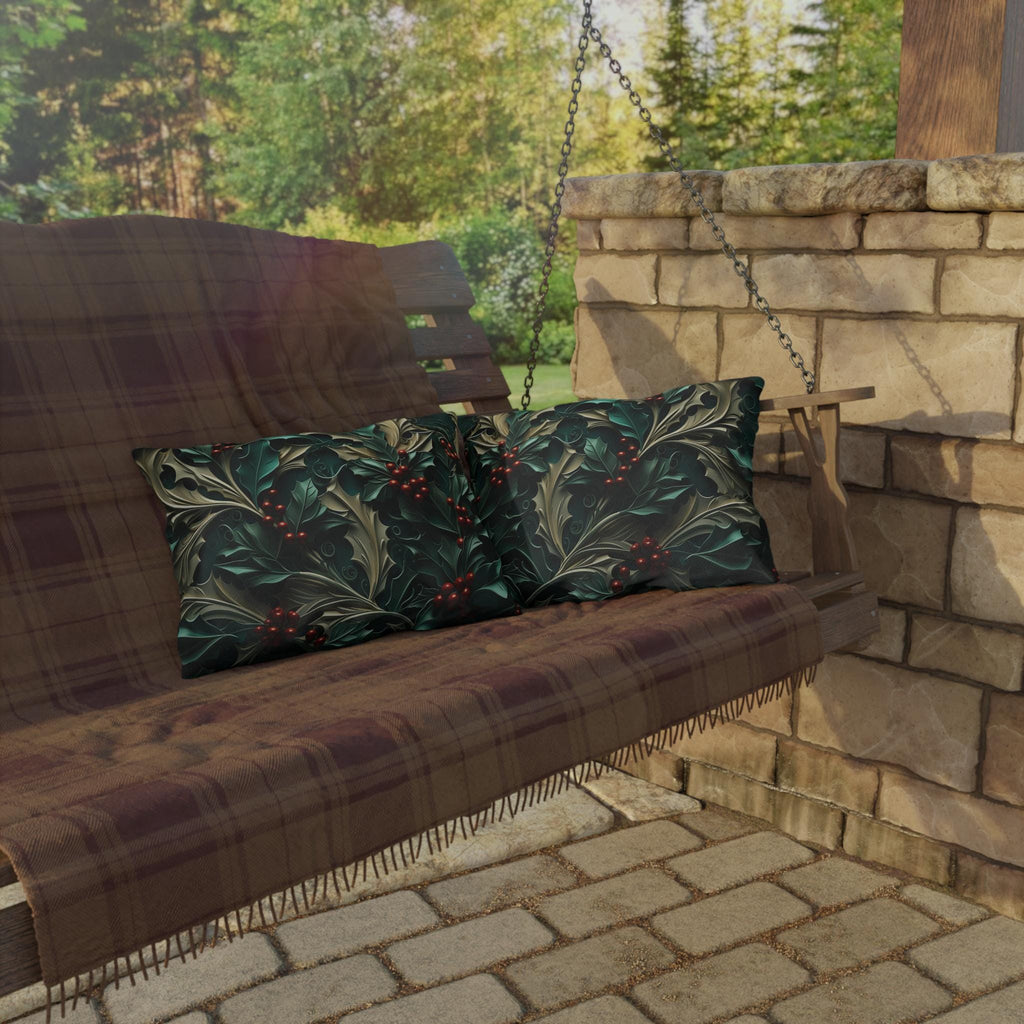 Elegant Winter Holly Berry Outdoor Pillow: Swirling Leaves on Emerald Green Cream Background
