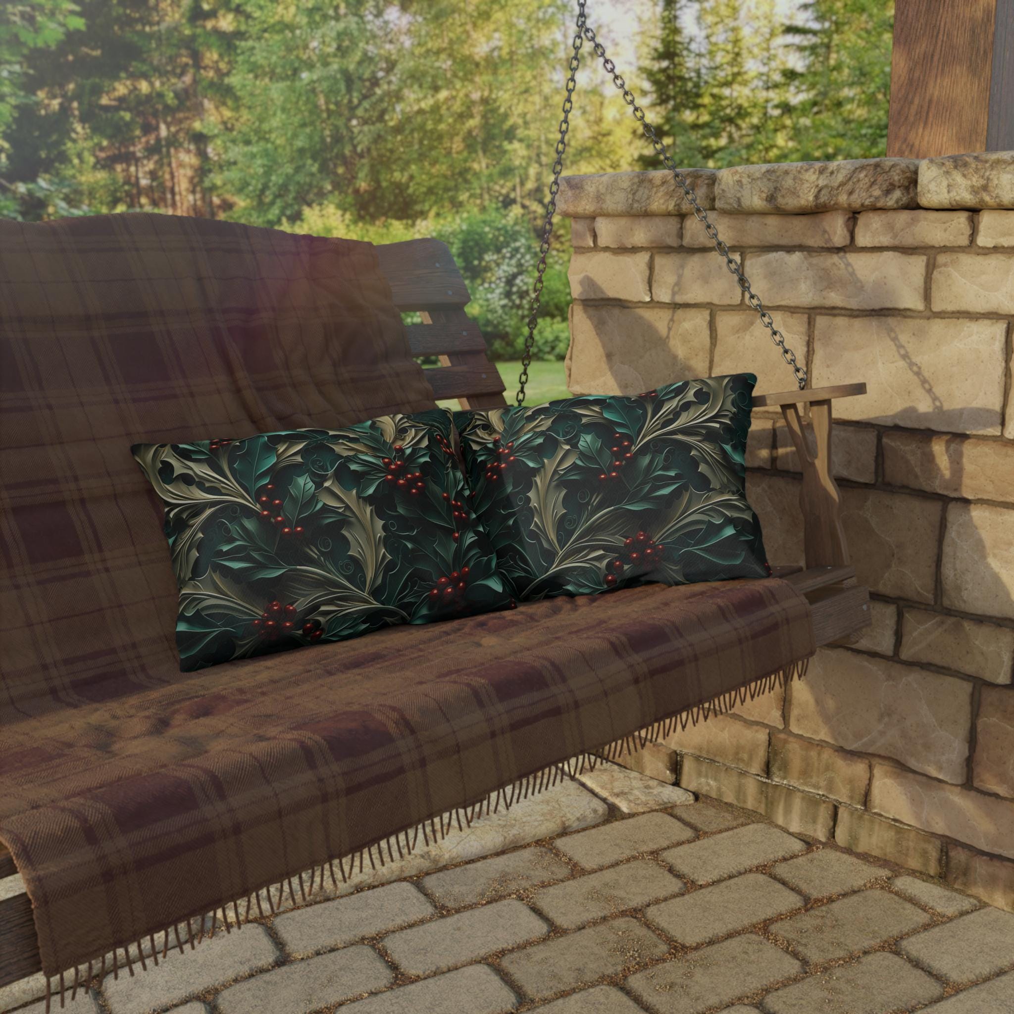 Elegant Winter Holly Berry Outdoor Pillow: Swirling Leaves on Emerald Green Cream Background