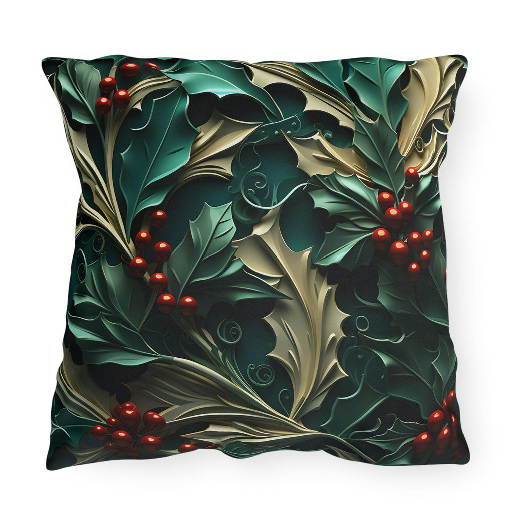 Elegant Winter Holly Berry Outdoor Pillow: Swirling Leaves on Emerald Green Cream Background