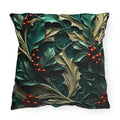Elegant Winter Holly Berry Outdoor Pillow: Swirling Leaves on Emerald Green Cream Background