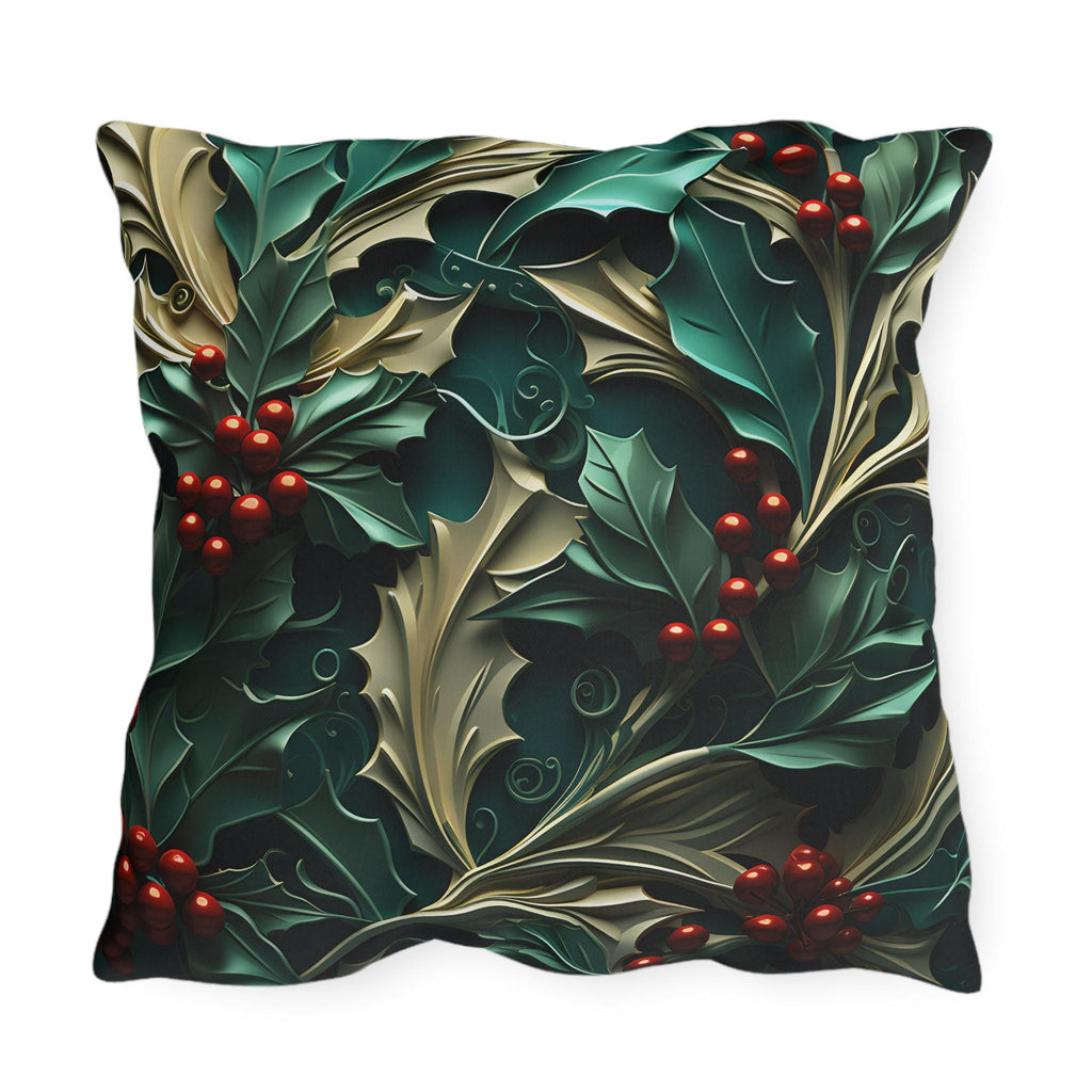 Elegant Winter Holly Berry Outdoor Pillow: Swirling Leaves on Emerald Green Cream Background