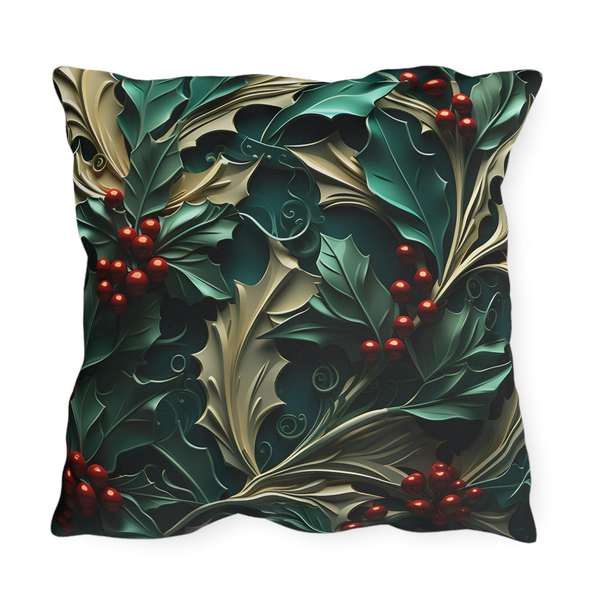 Elegant Winter Holly Berry Outdoor Pillow: Swirling Leaves on Emerald Green Cream Background