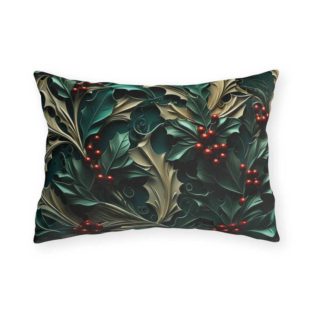 Elegant Winter Holly Berry Outdoor Pillow: Swirling Leaves on Emerald Green Cream Background