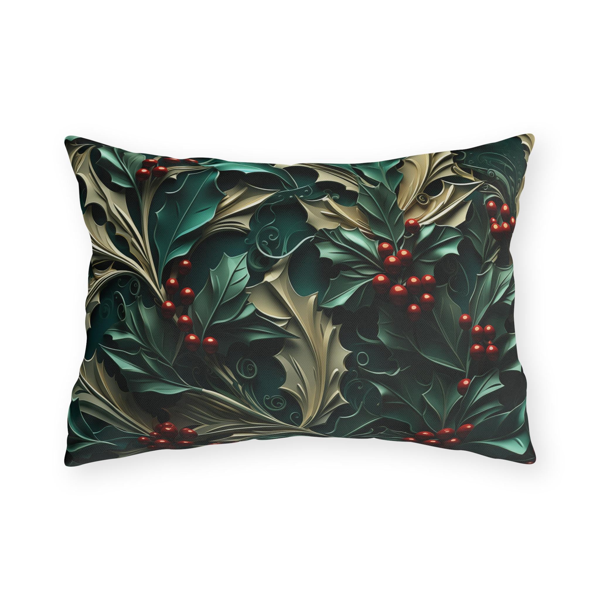 Elegant Winter Holly Berry Outdoor Pillow: Swirling Leaves on Emerald Green Cream Background