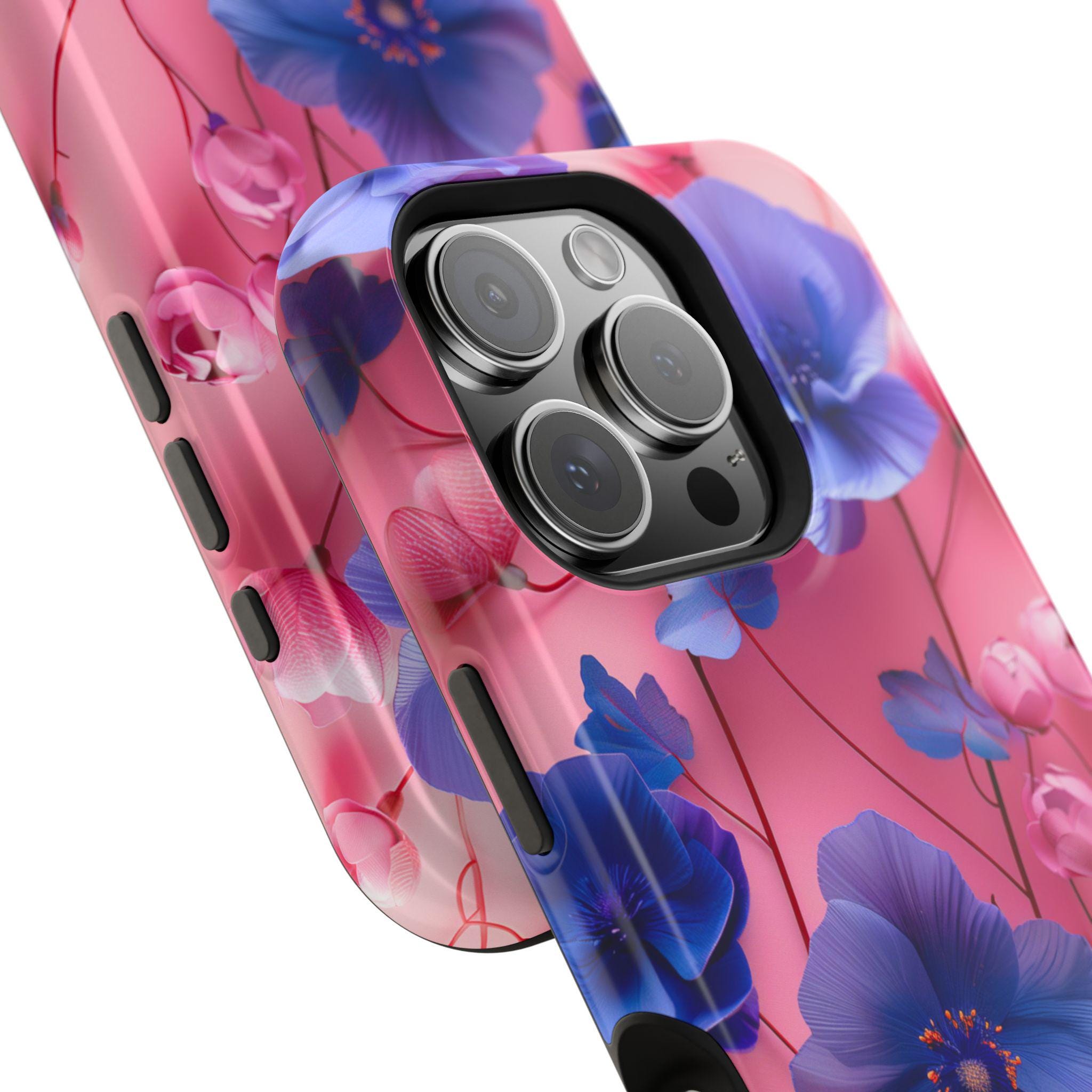 Vibrant Floral MagSafe iPhone Case: Gradient Pink-Purple Blooms for 13-16 Models