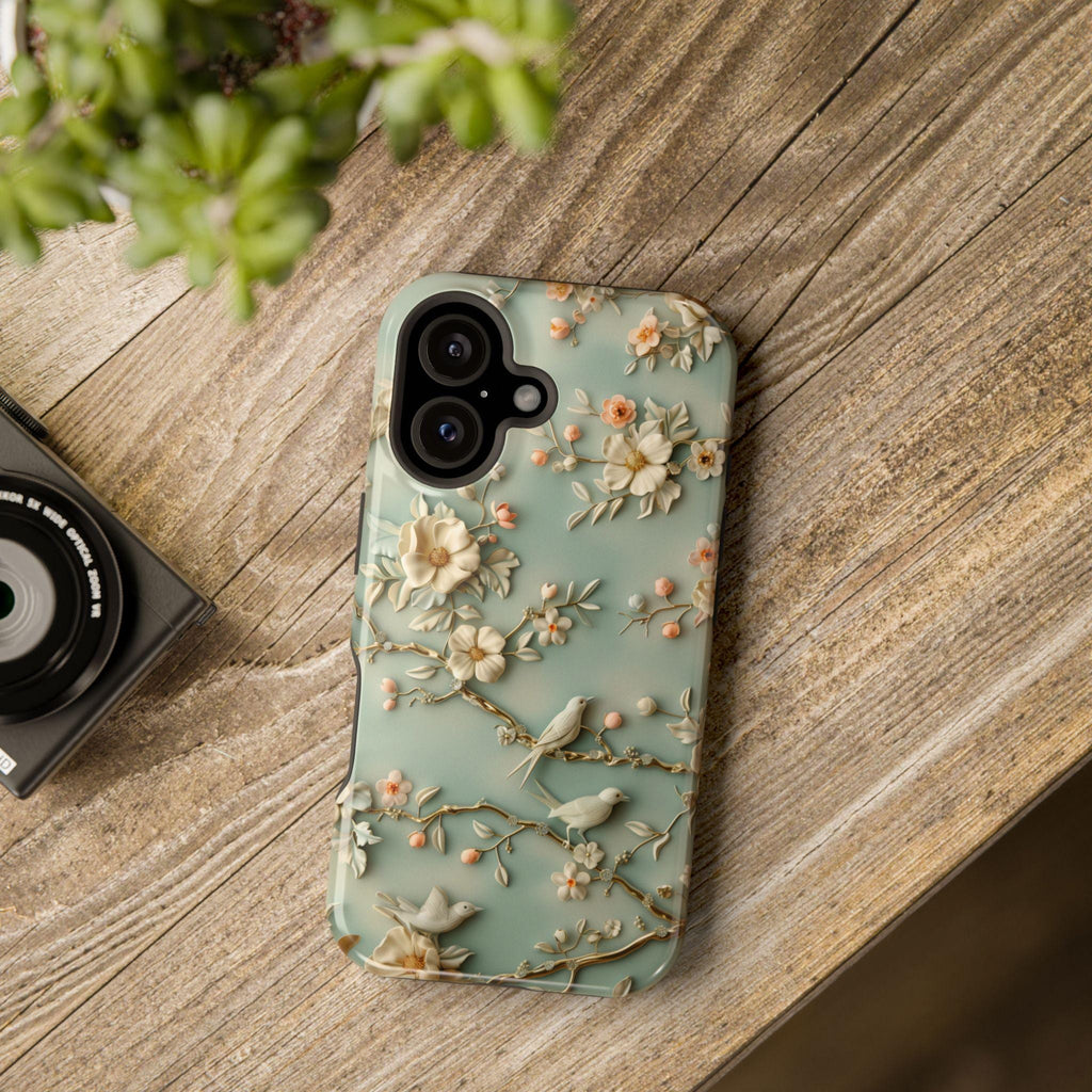 Elegant Chinoiserie MagSafe iPhone Case: Pastel Birds & Blooms for 13-16 Pro/Plus/Max Models
