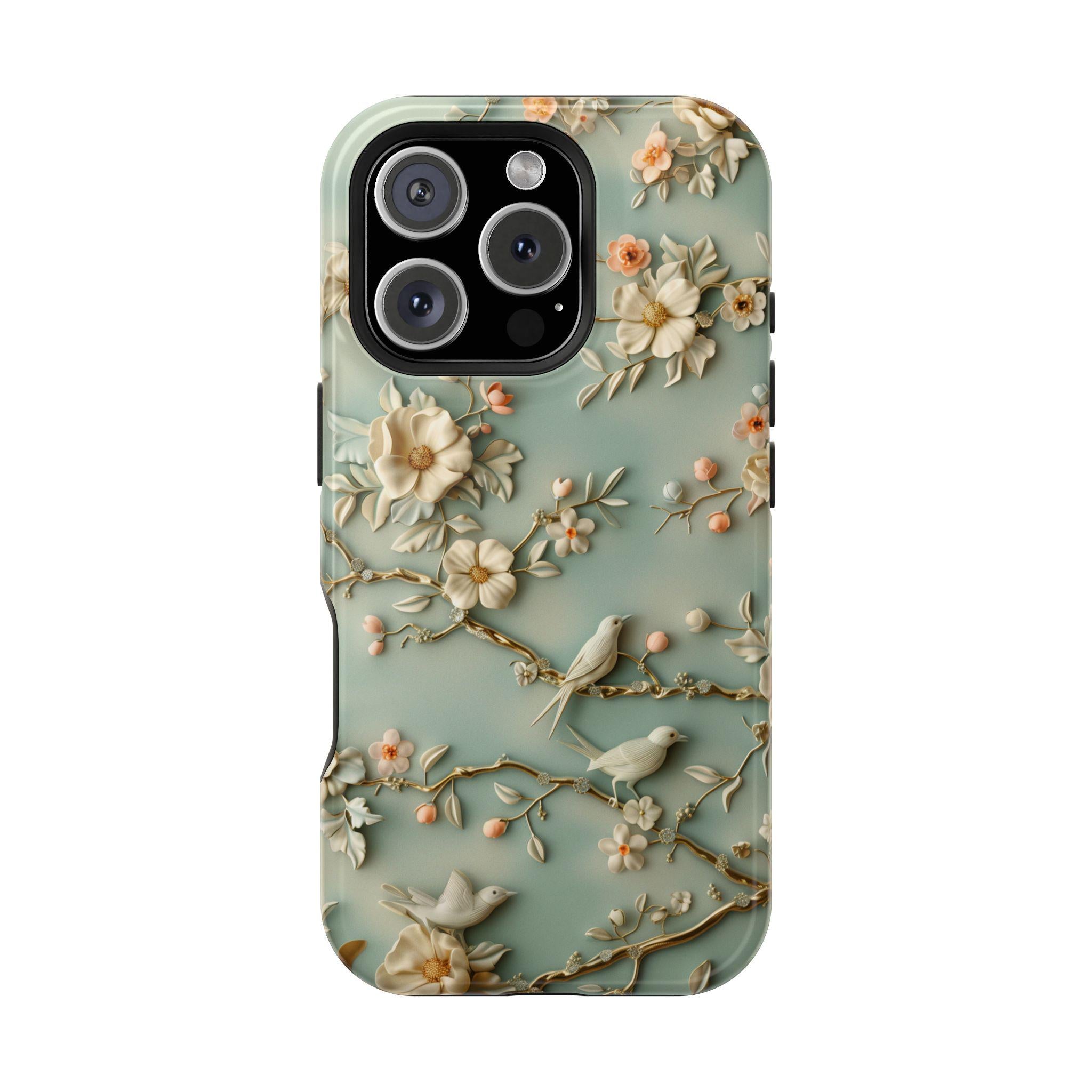 Elegant Chinoiserie MagSafe iPhone Case: Pastel Birds & Blooms for 13-16 Pro/Plus/Max Models