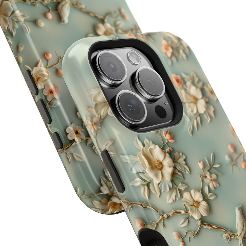 Elegant Chinoiserie MagSafe iPhone Case: Pastel Birds & Blooms for 13-16 Pro/Plus/Max Models