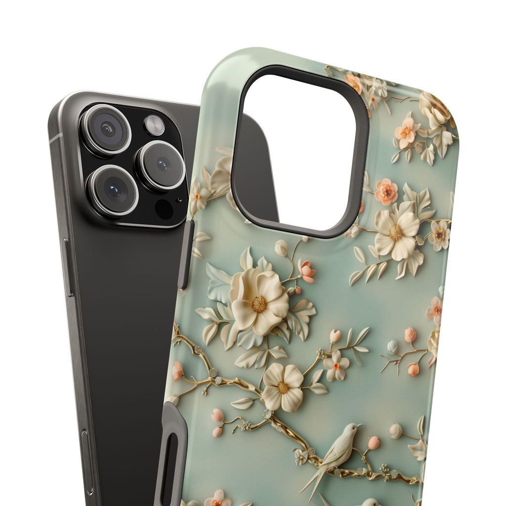 Elegant Chinoiserie MagSafe iPhone Case: Pastel Birds & Blooms for 13-16 Pro/Plus/Max Models