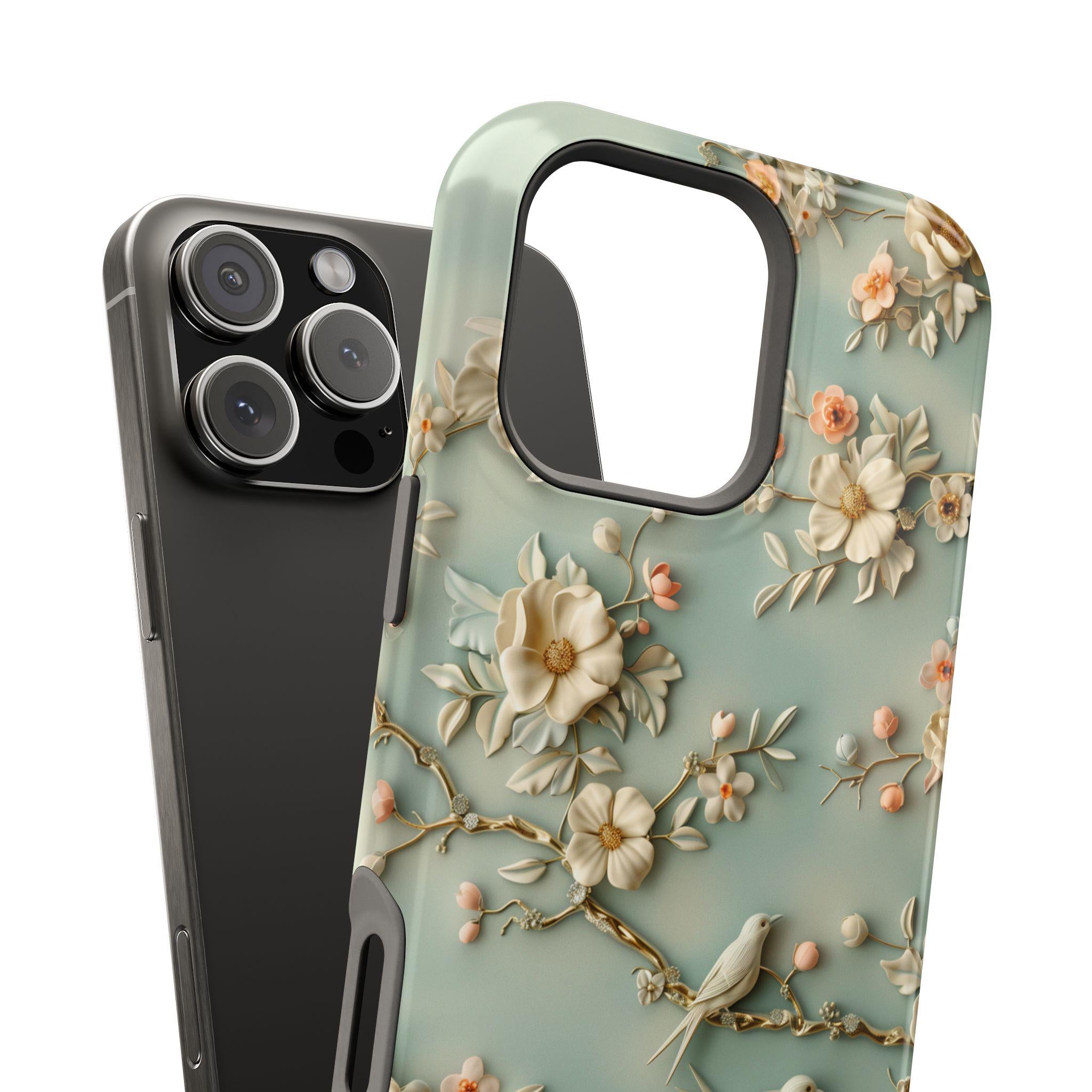 Elegant Chinoiserie MagSafe iPhone Case: Pastel Birds & Blooms for 13-16 Pro/Plus/Max Models